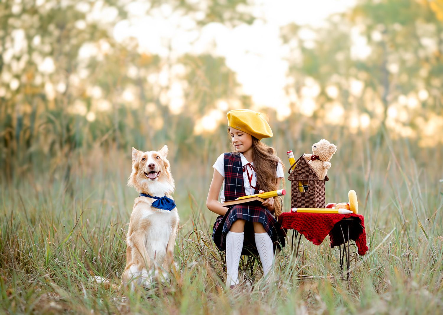 A young girl in a yellow hat sits in a field with a Corgi dog and a teddy bear at a small red table.