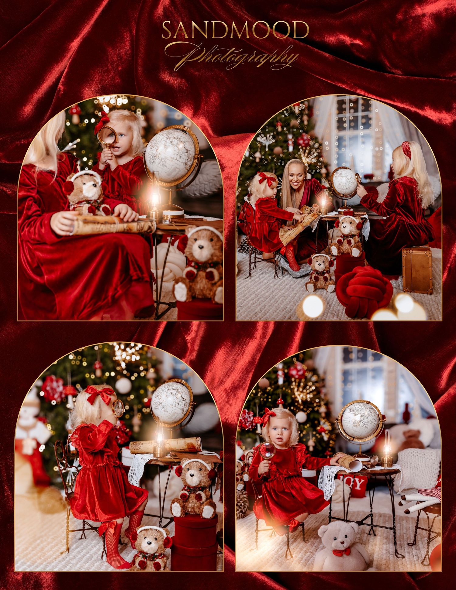Sandmood Photography Christmas mini session collage of children in red velvet dresses with teddy bears, globes and candles by a decorated tr