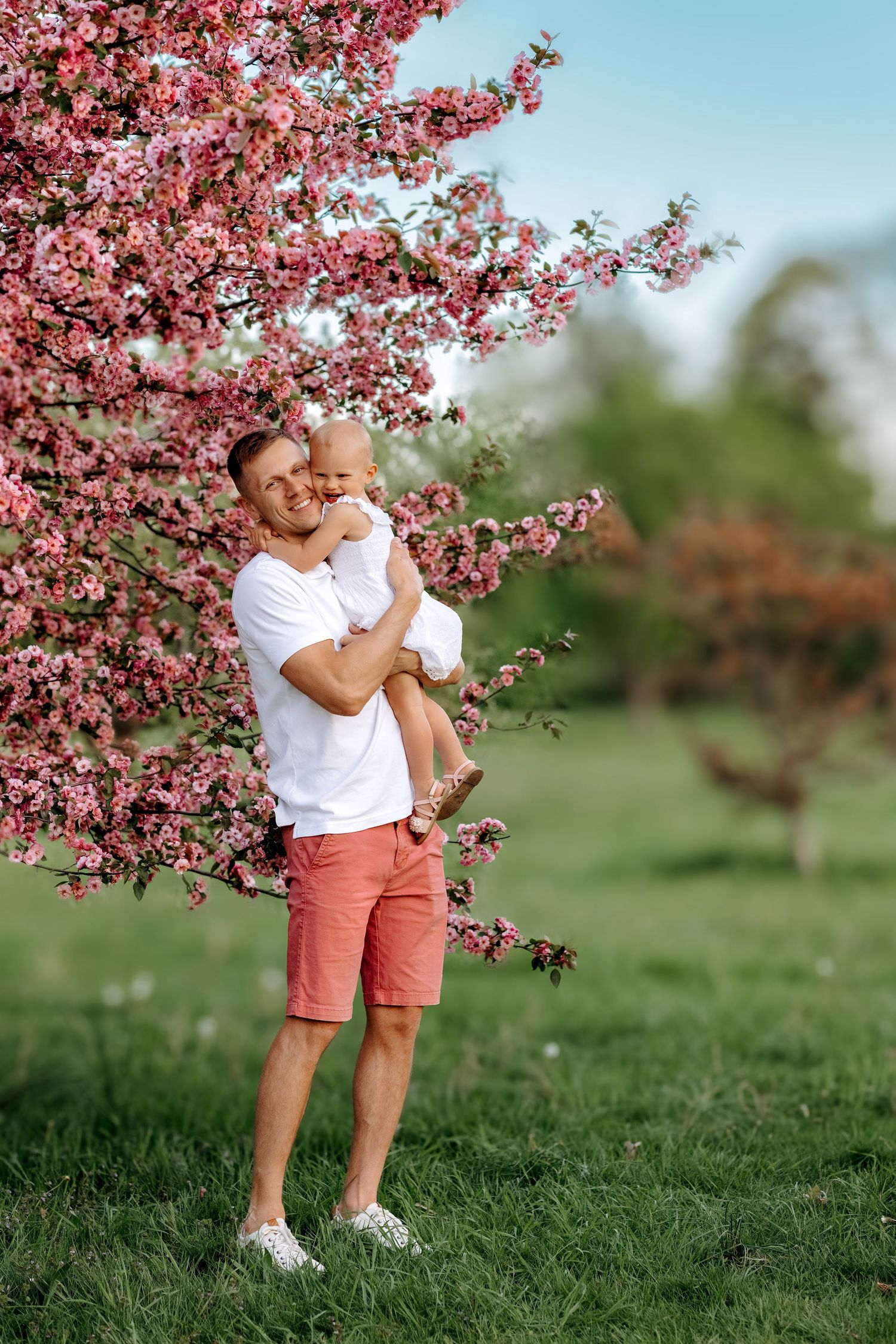 Happy father in white shirt holding baby near stunning pink flowering tree in spring park.