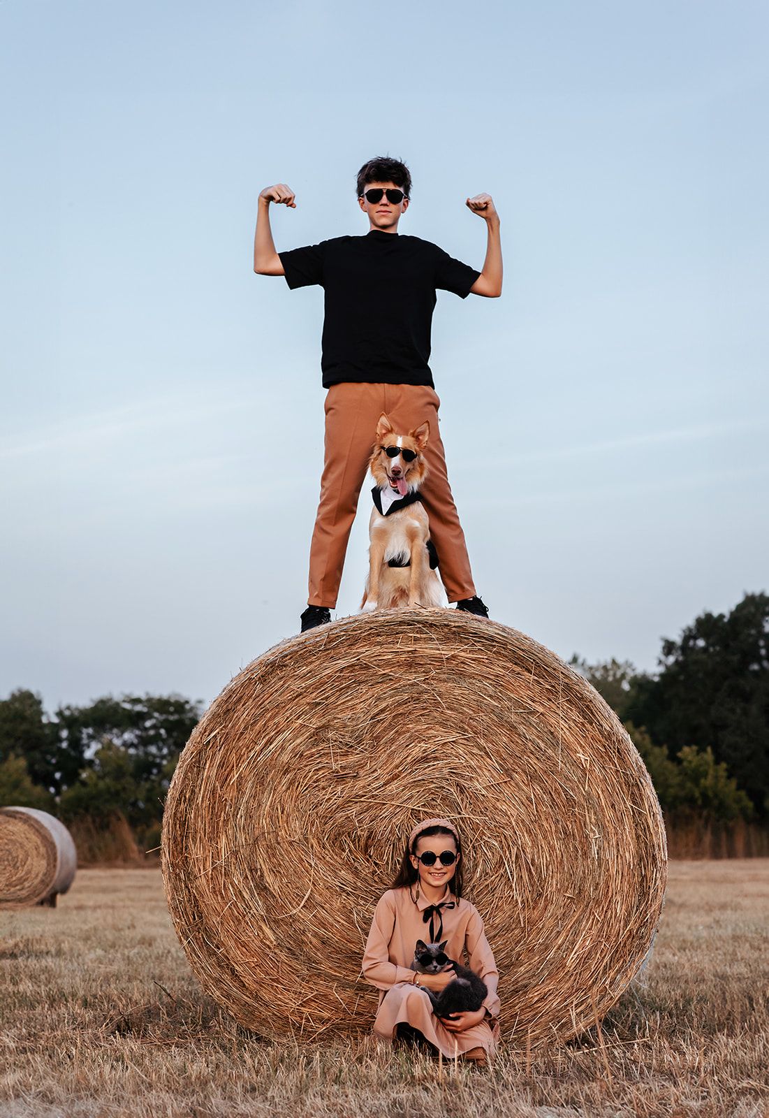 A boy flexing on a hay bale with a dog, while a girl sits below in a sunny field.