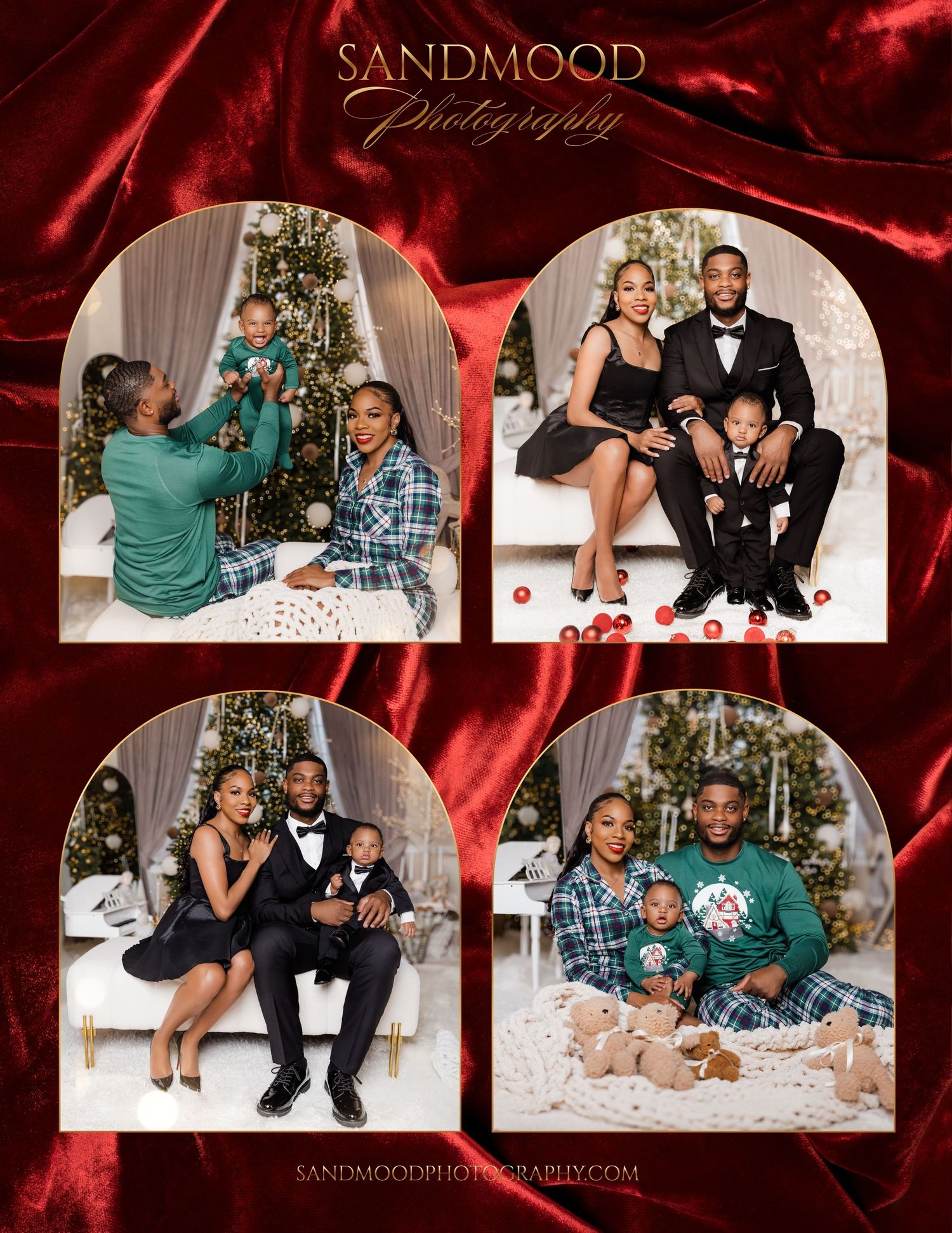 Sandmood Photography Christmas family portrait collage of a couple and baby in matching plaid and green outfits by decorated trees.