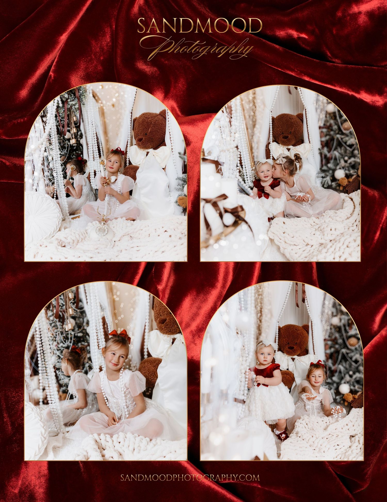 Sandmood Photography Christmas mini session collage of children in white and red outfits with teddy bears, a decorated tree, and red velvet.