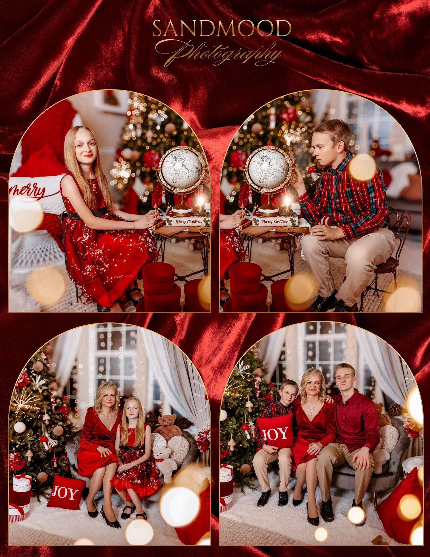 Sandmood Photography Christmas mini session collage of a family in red outfits posing by decorated trees with glowing bokeh lights.