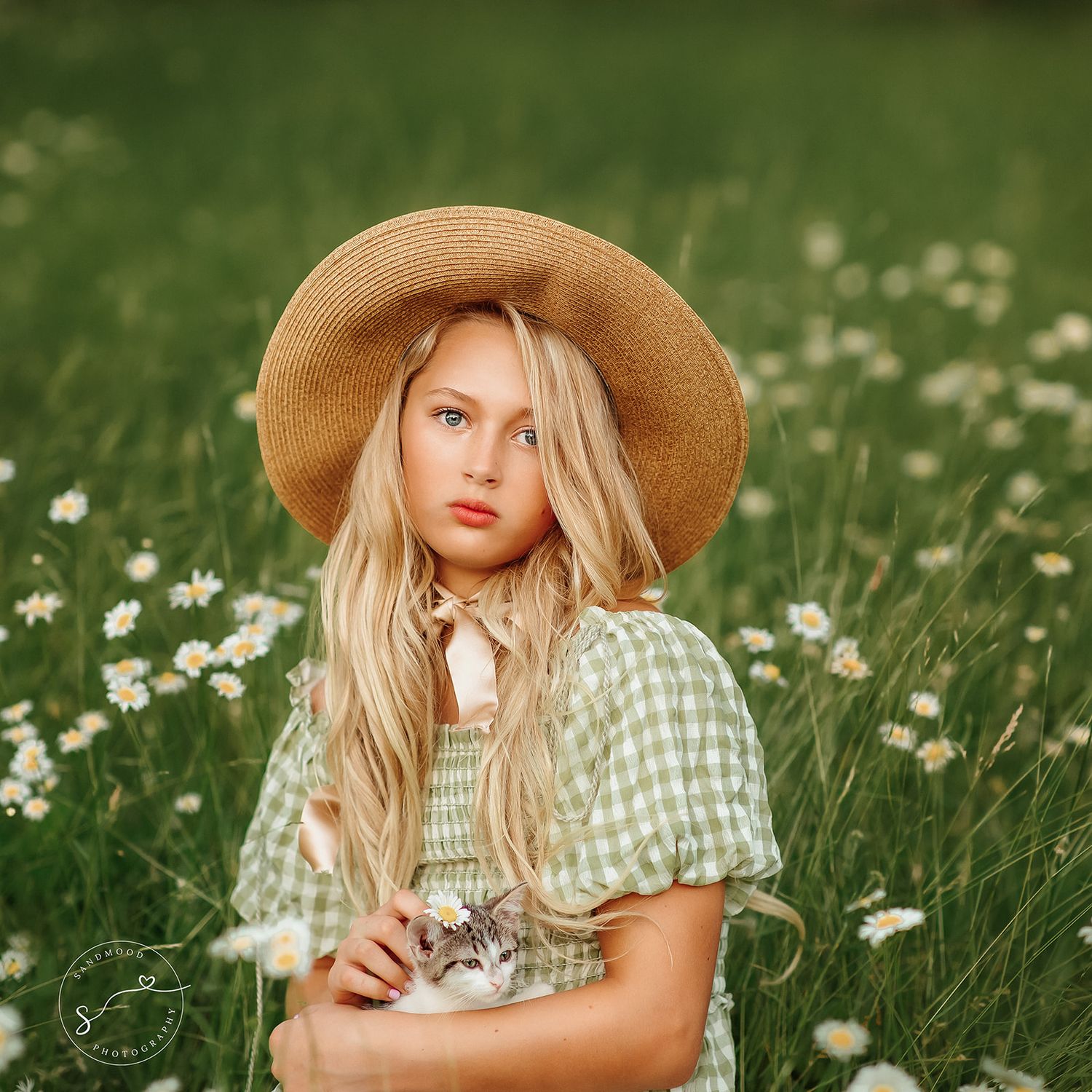 A blonde girl in a green plaid dress and straw hat holds a kitten in a daisy field.
