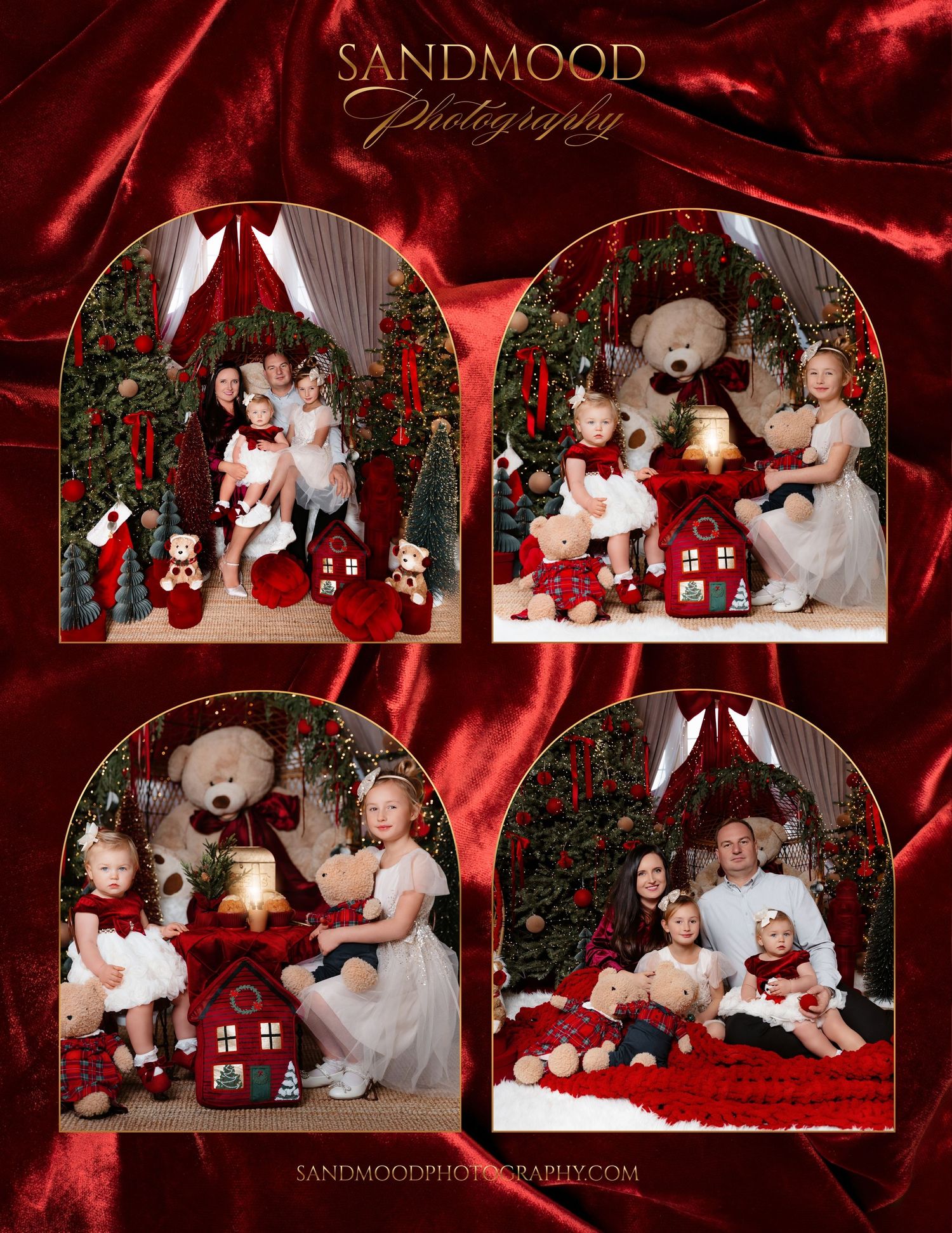 Sandmood Photography Christmas mini session collage with families and children posed among teddy bears, wreaths, and red velvet decor.