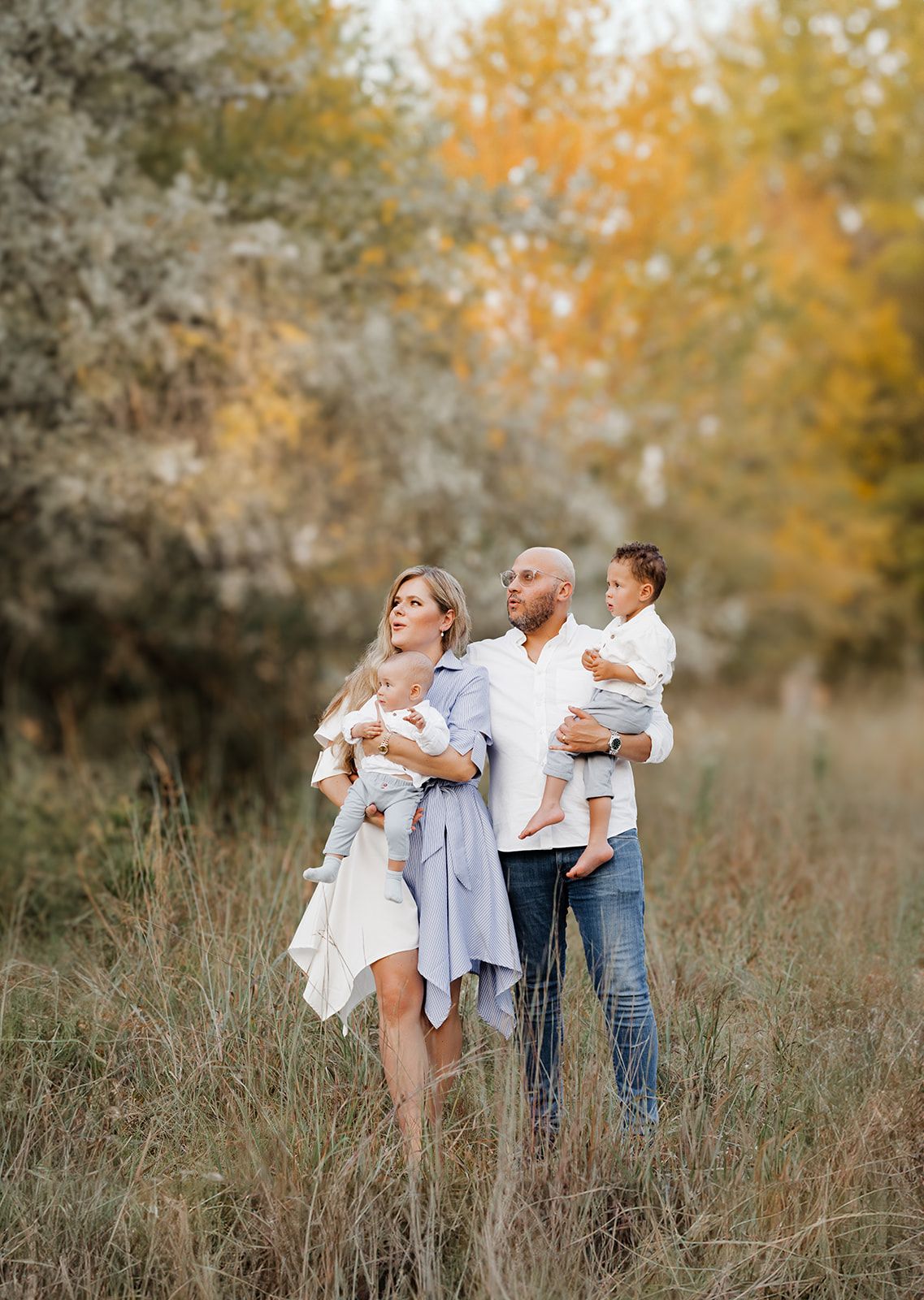 Family of four standing in golden autumn field, parents holding two young children, surrounded by colorful fall foliage.