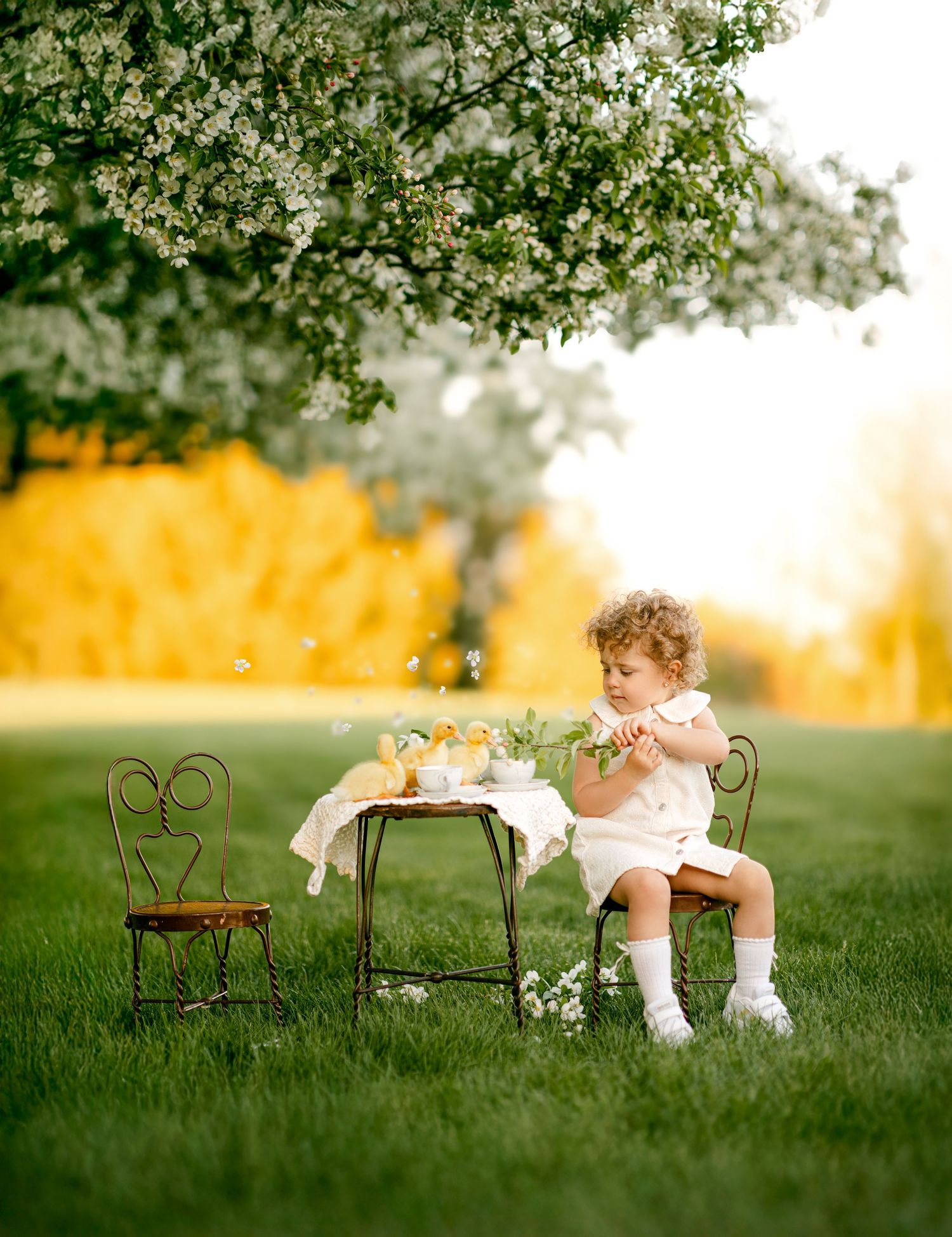 A curly-haired toddler in white sits at a tiny garden table with ducklings under a blooming spring tree.