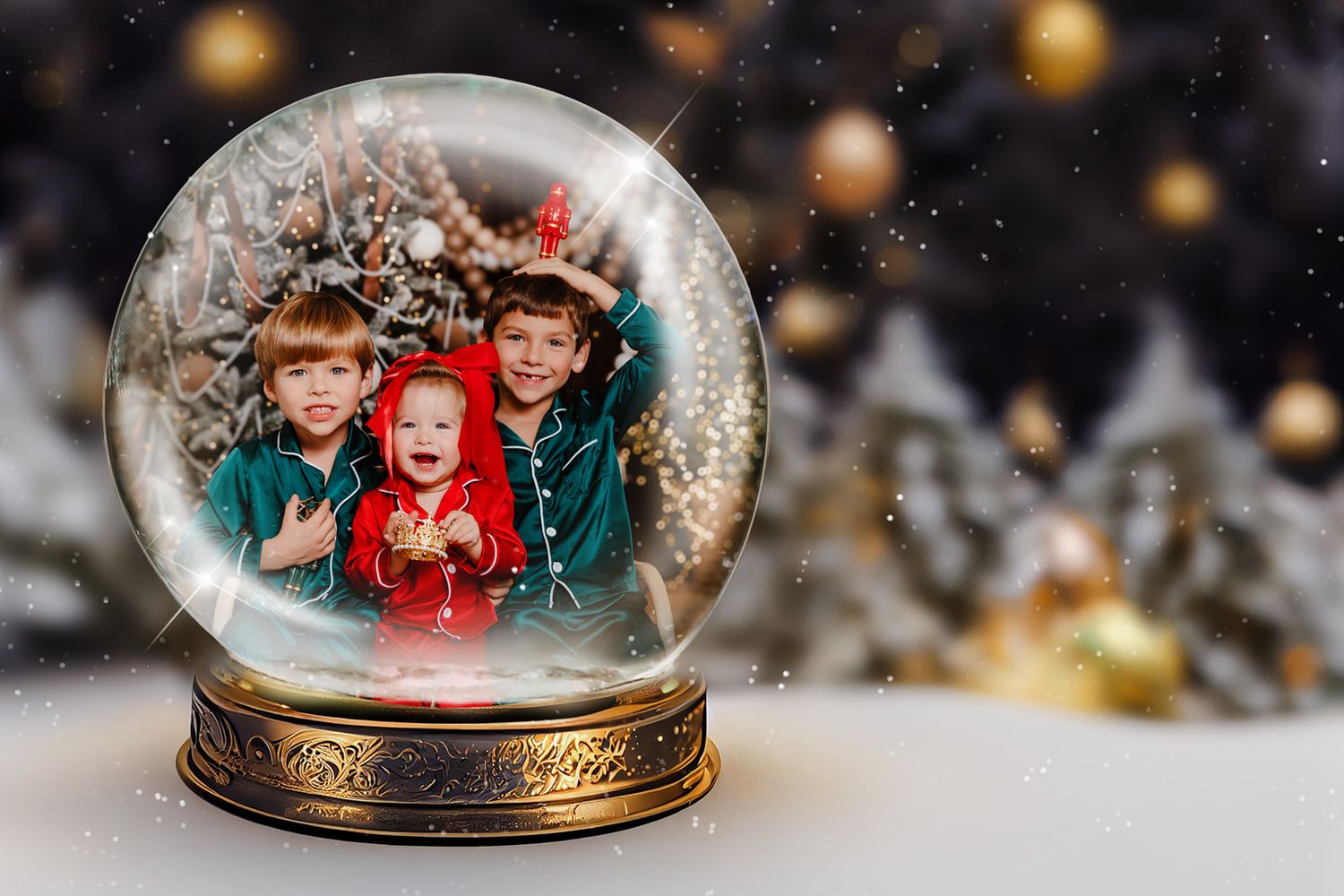 Three children pose inside a festive Christmas snow globe with holiday trees and golden ornaments in the background.