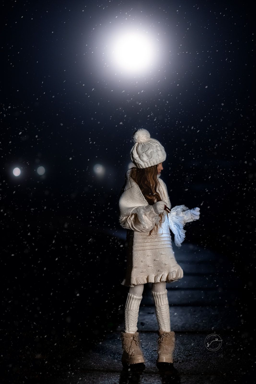 A young girl in white winter outfit and pom-pom hat stands in falling snow under a bright light at night.