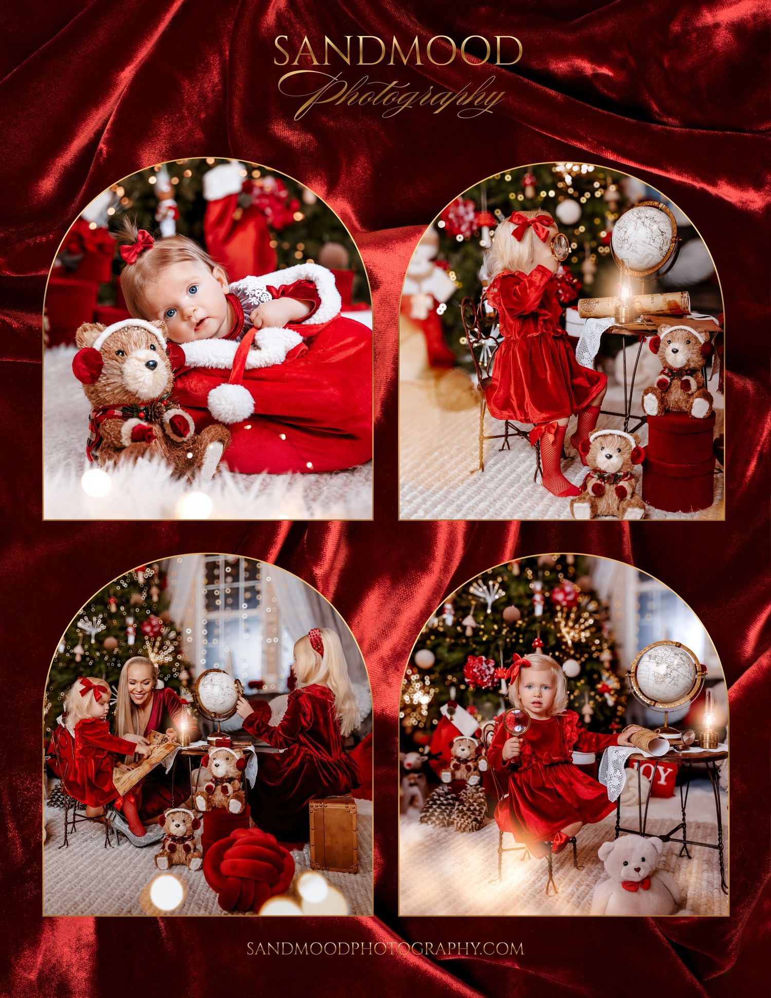 Sandmood Photography Christmas mini session collage of children in red velvet outfits with teddy bears, trees, and vintage globes.