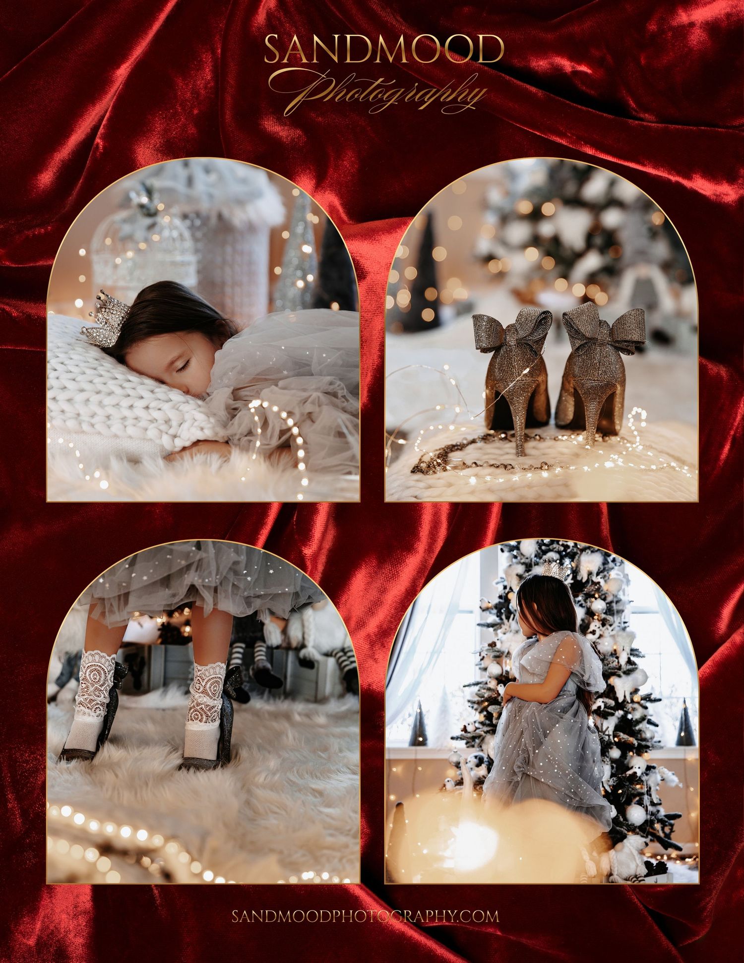 Sandmood Photography Christmas mini session collage with a sleeping child, glittery heels, fairy lights, and a decorated tree on red velvet.