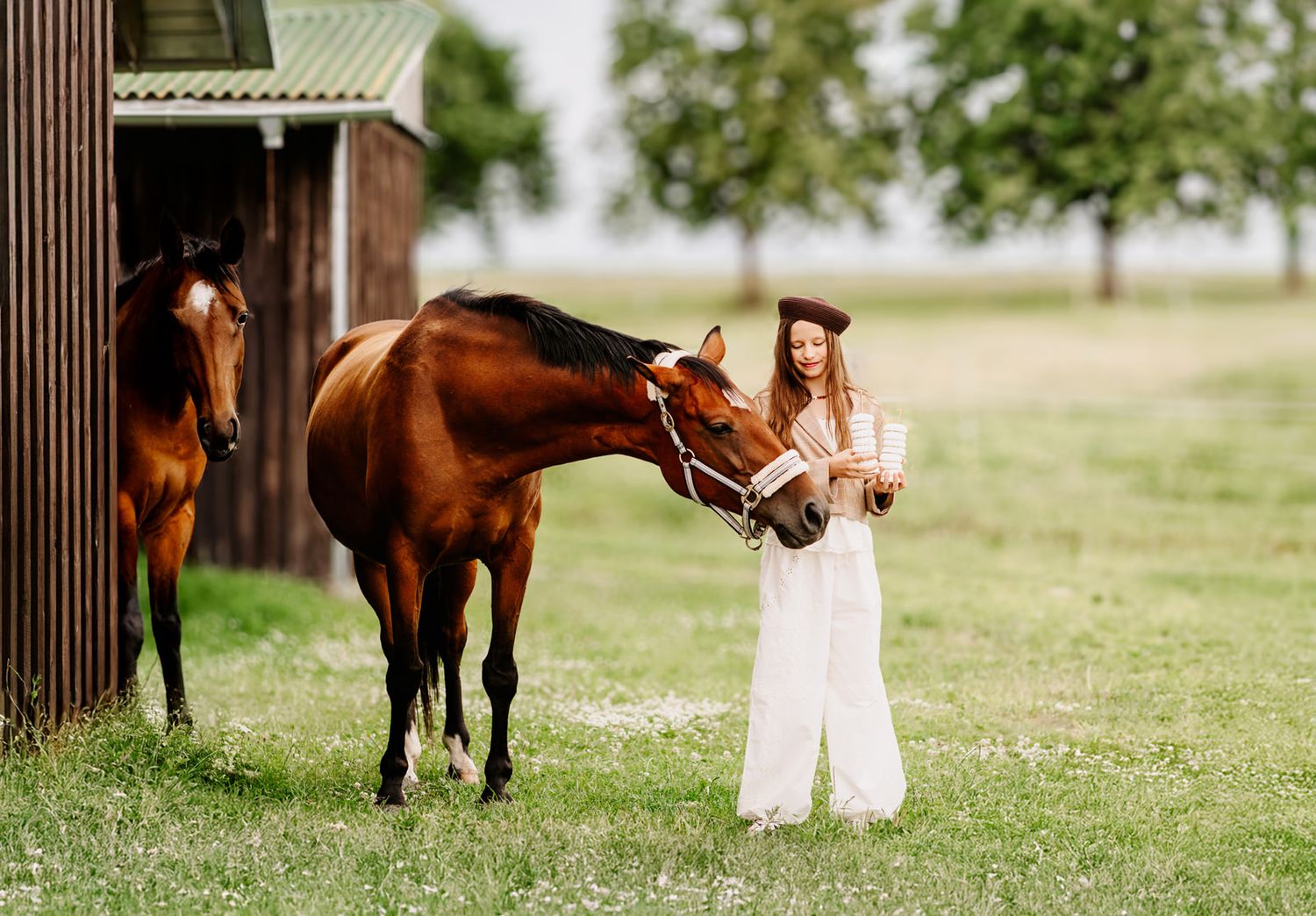 Young woman in white dress feeding a brown horse near a barn on a green farm field.