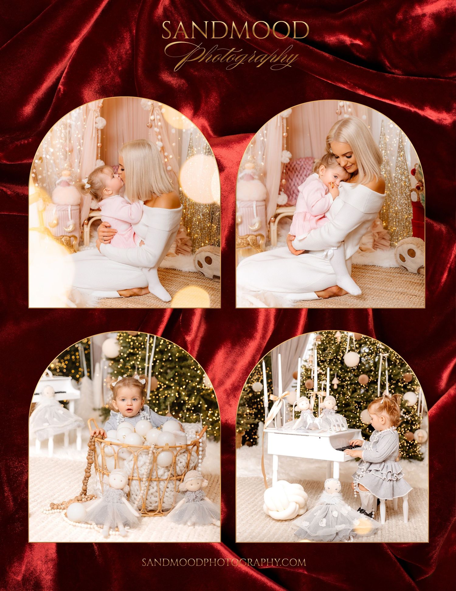 Sandmood Photography Christmas mini session collage of a blonde mother cuddling her baby girl and a toddler by a tree and white piano.