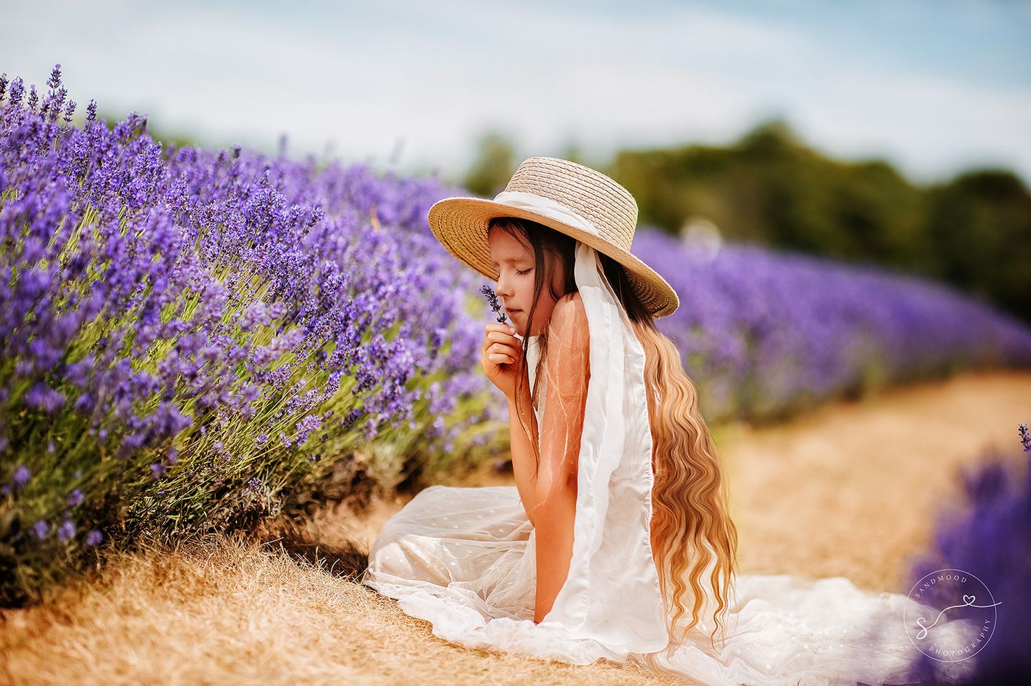 Young woman in white dress and straw hat sitting among purple lavender fields on a sunny day.