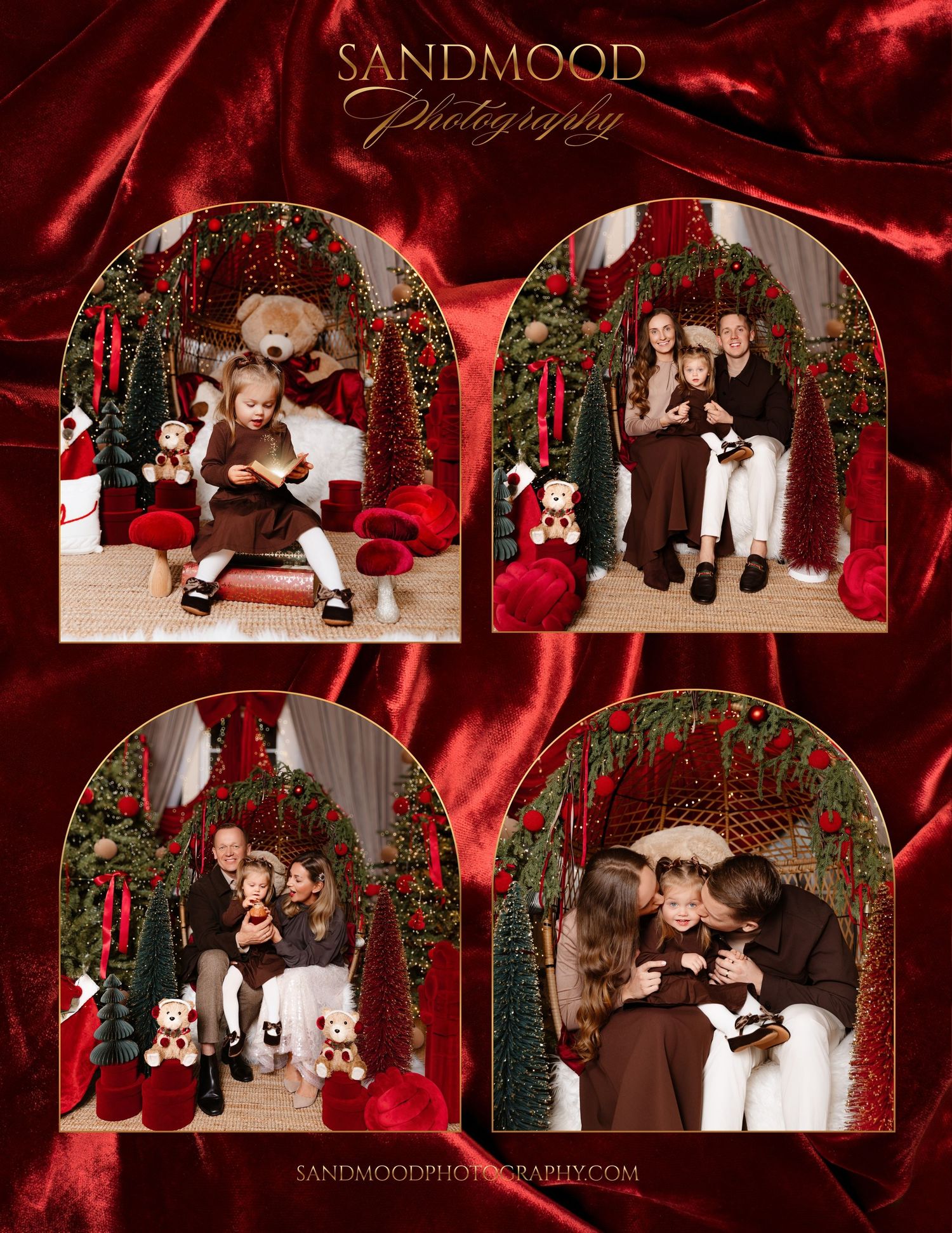 Sandmood Photography Christmas mini session collage of a family in cozy holiday arches with red velvet, trees and teddy bears.