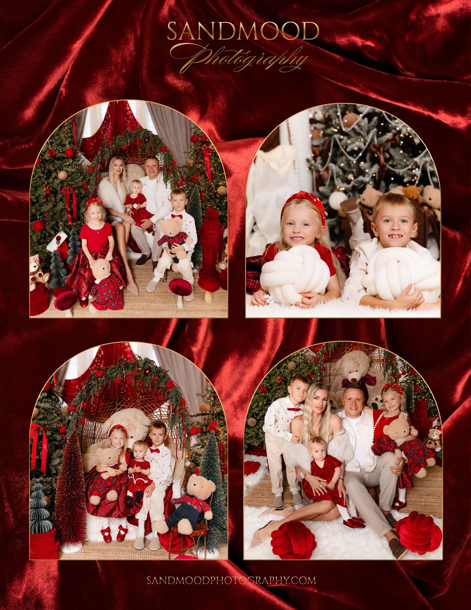 Sandmood Photography Christmas mini session collage of families in red and white outfits posing in arched holiday sets with teddy bears.