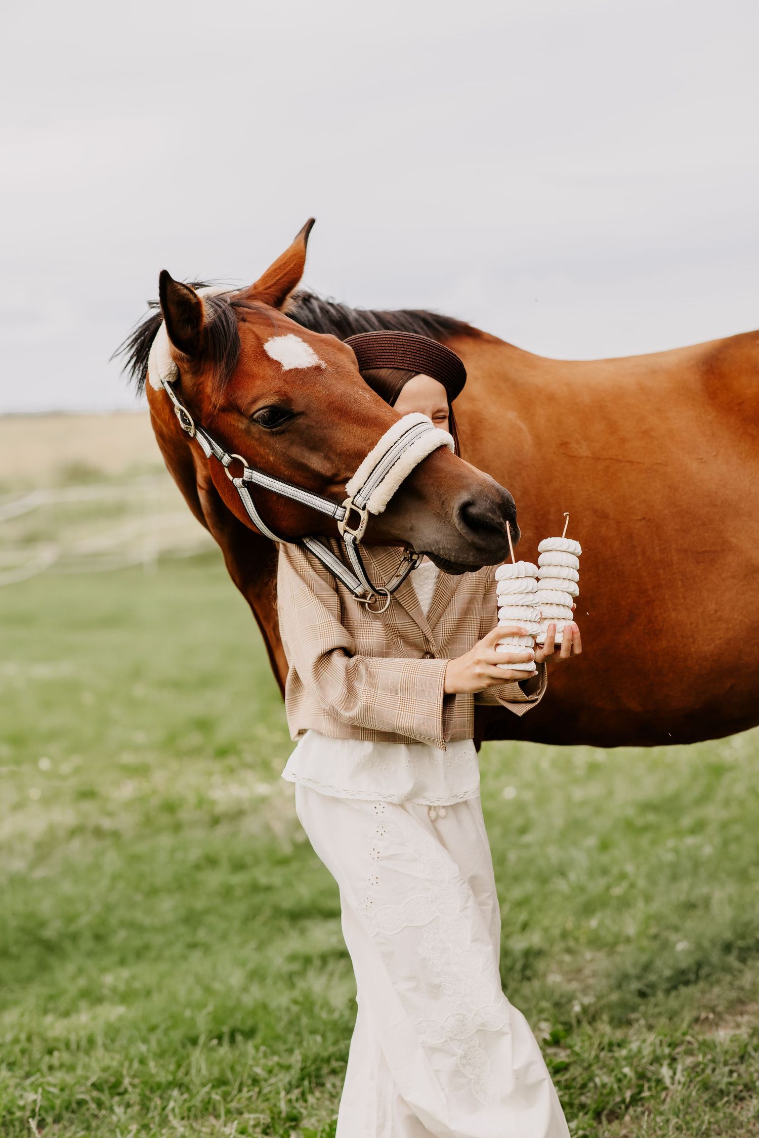Young girl hugging a chestnut horse while holding a treat in a green field.