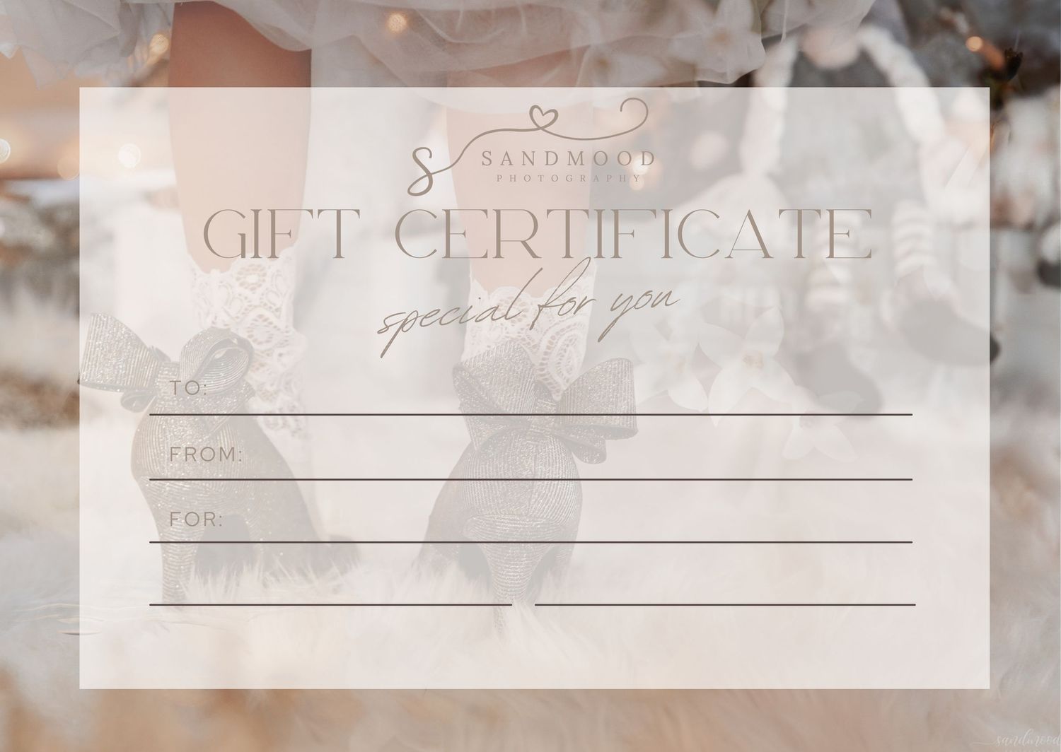 Elegant gift certificate with floral background, featuring fields for To, From, and For, with cursive special for you text.
