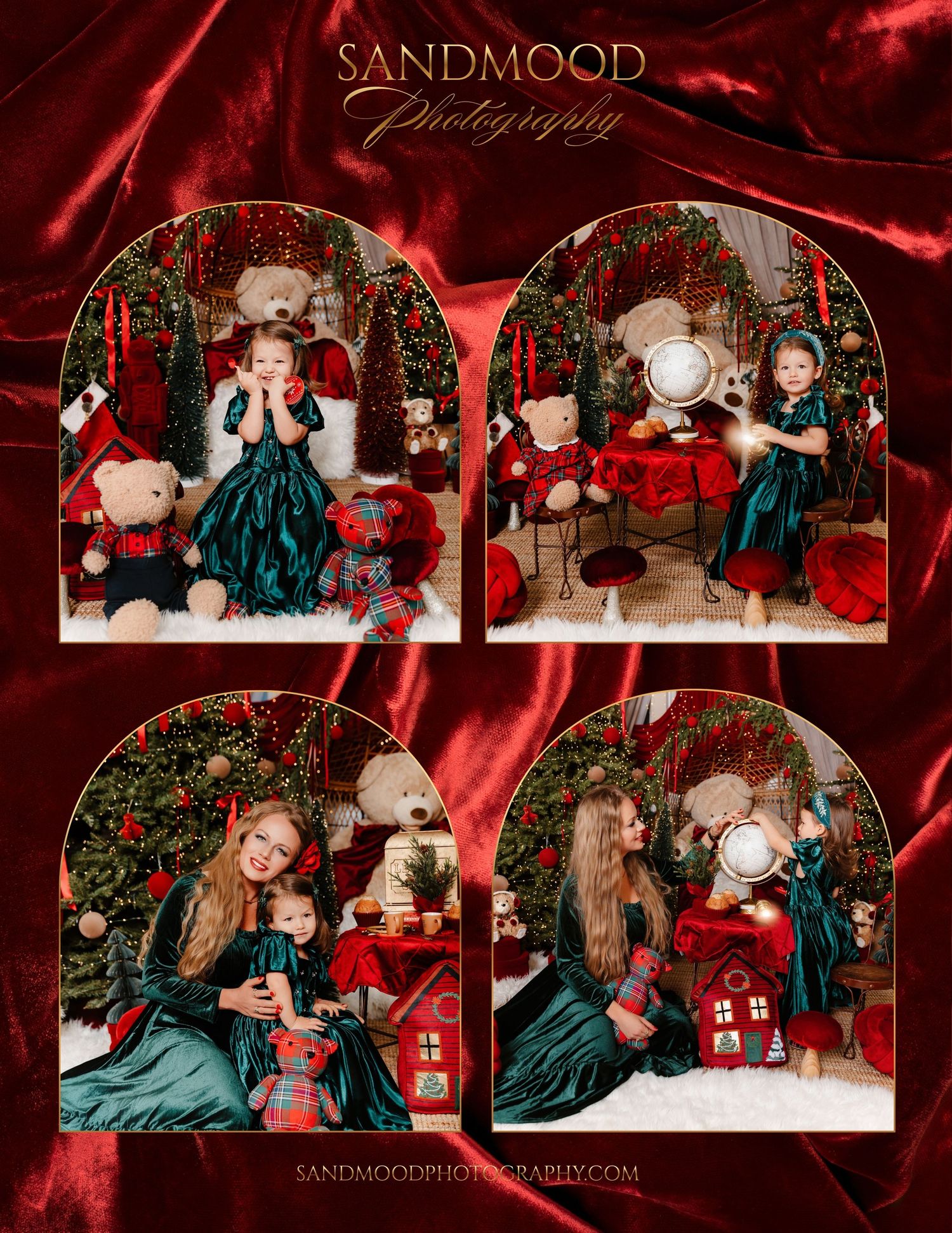 Sandmood Photography Christmas mini session collage of children and a mother in green velvet dresses with teddy bears, trees and red decor.