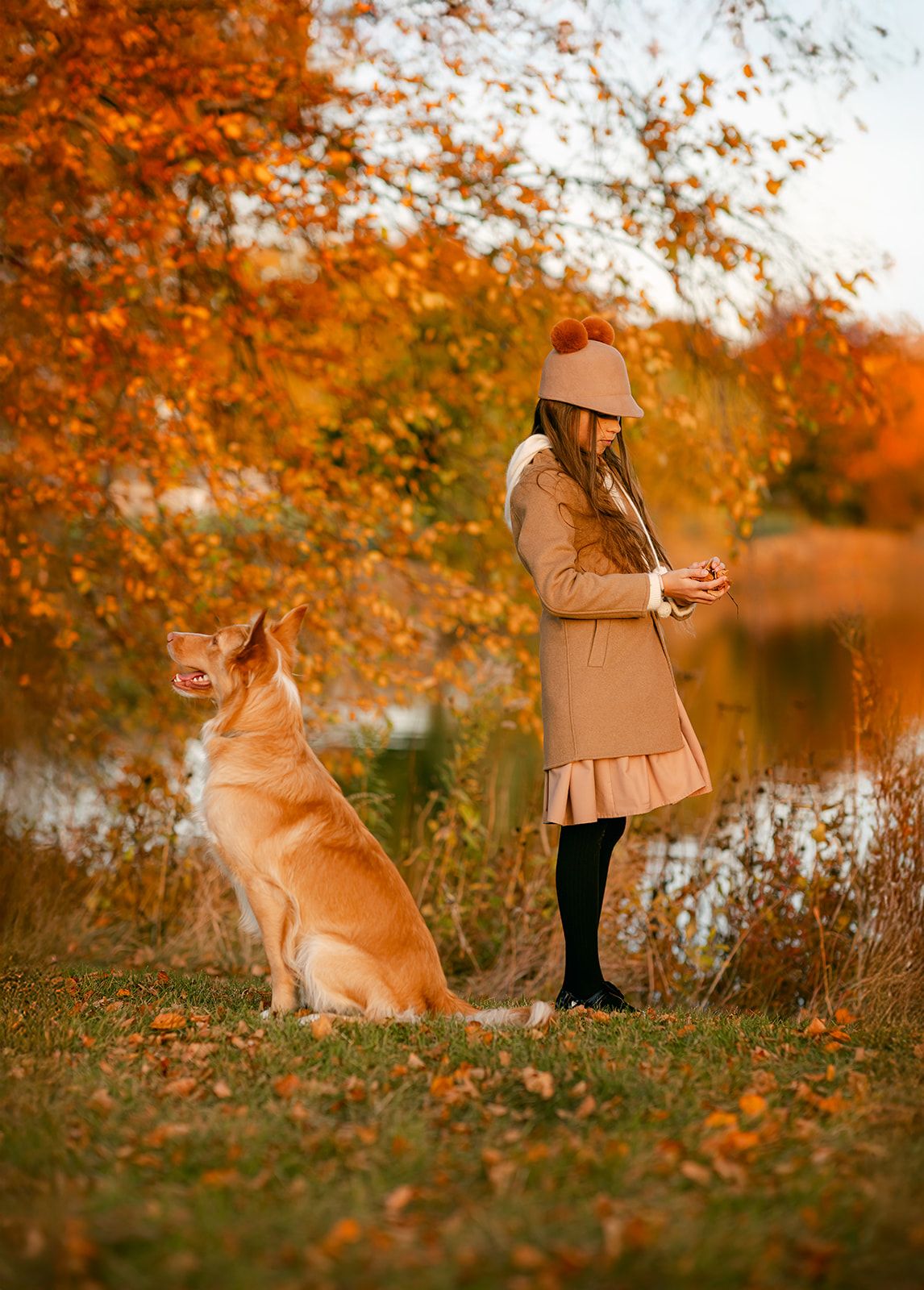 Girl in beige coat and hat training golden dog in autumn park with colorful orange foliage and pond backdrop.