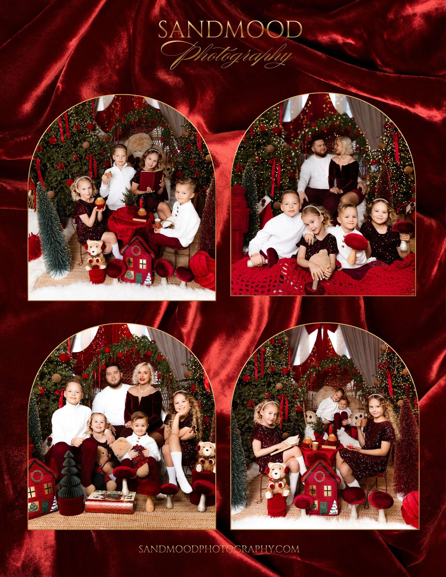 Sandmood Photography collage of four red and green Christmas family portraits with trees, toy houses and teddy bears on red velvet.