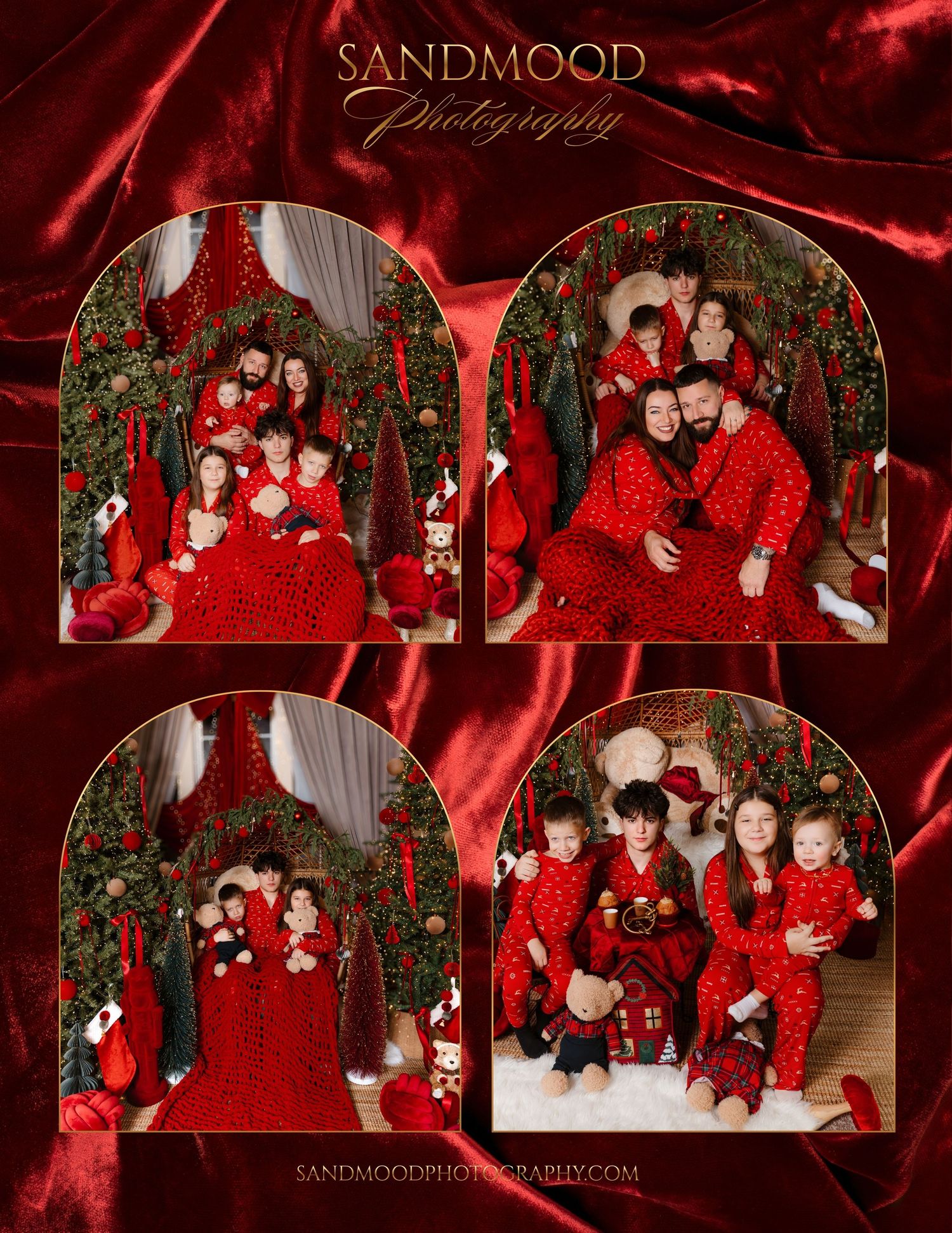Sandmood Photography Christmas family portrait collage of four poses in matching red pajamas with trees, stockings and teddy bears.