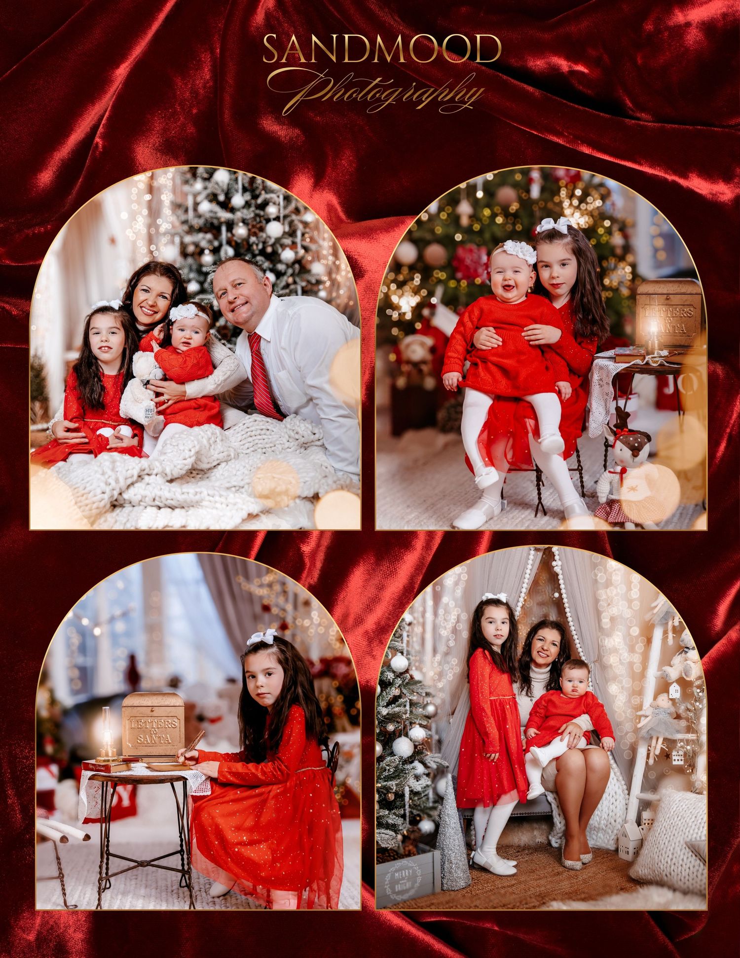 Family in red outfits poses on a cozy rug beside a decorated Christmas tree in a holiday portrait collage by Sandmood Photography.