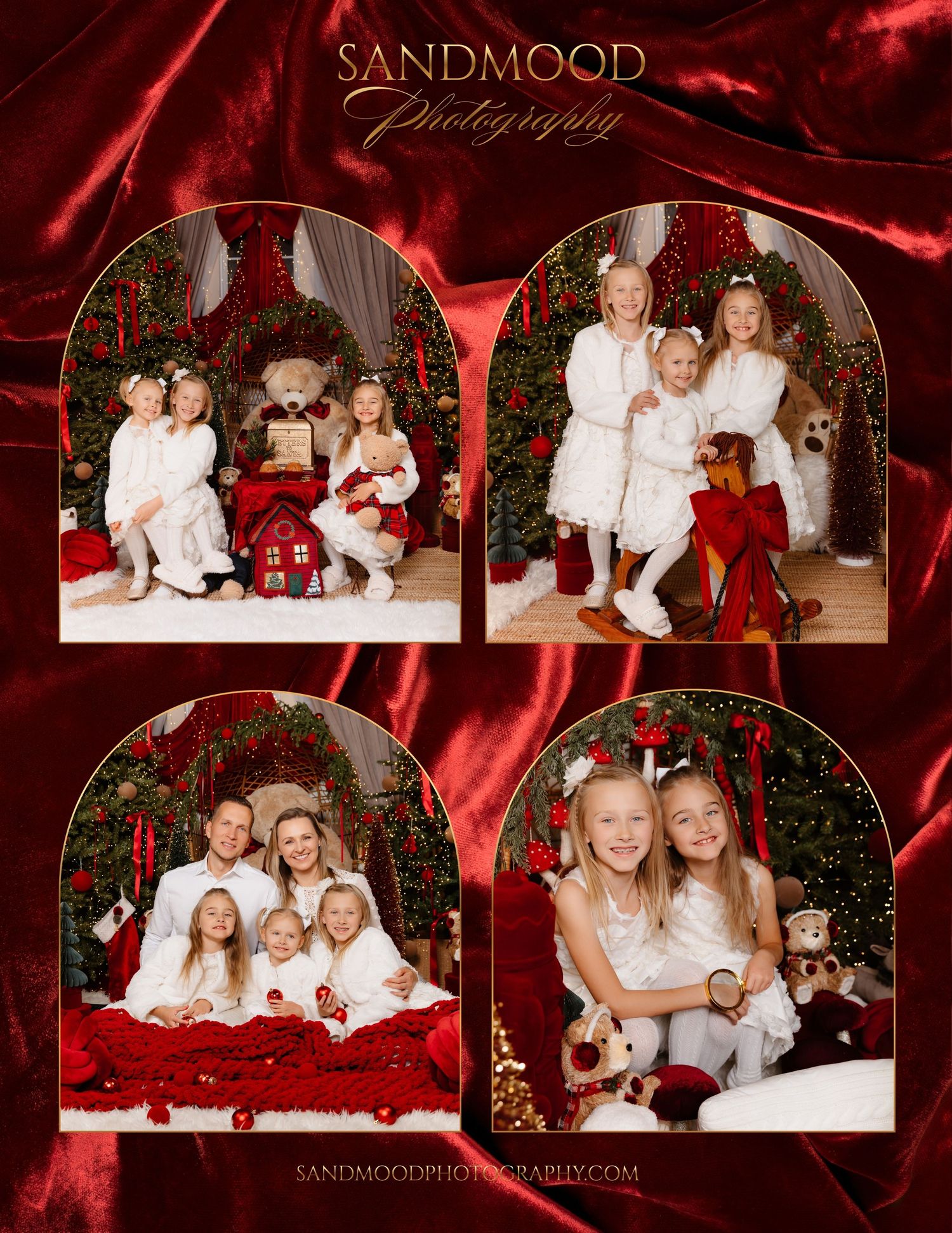Sandmood Photography Christmas mini session collage of children and family in white outfits posing with red decor, teddy bears, and a rockin