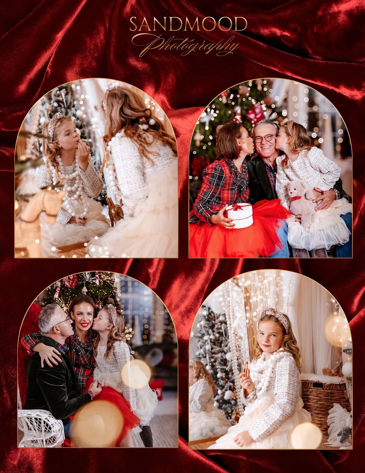 Sandmood Photography Christmas family portrait collage with four arched photos of a family in festive outfits beside decorated holiday trees