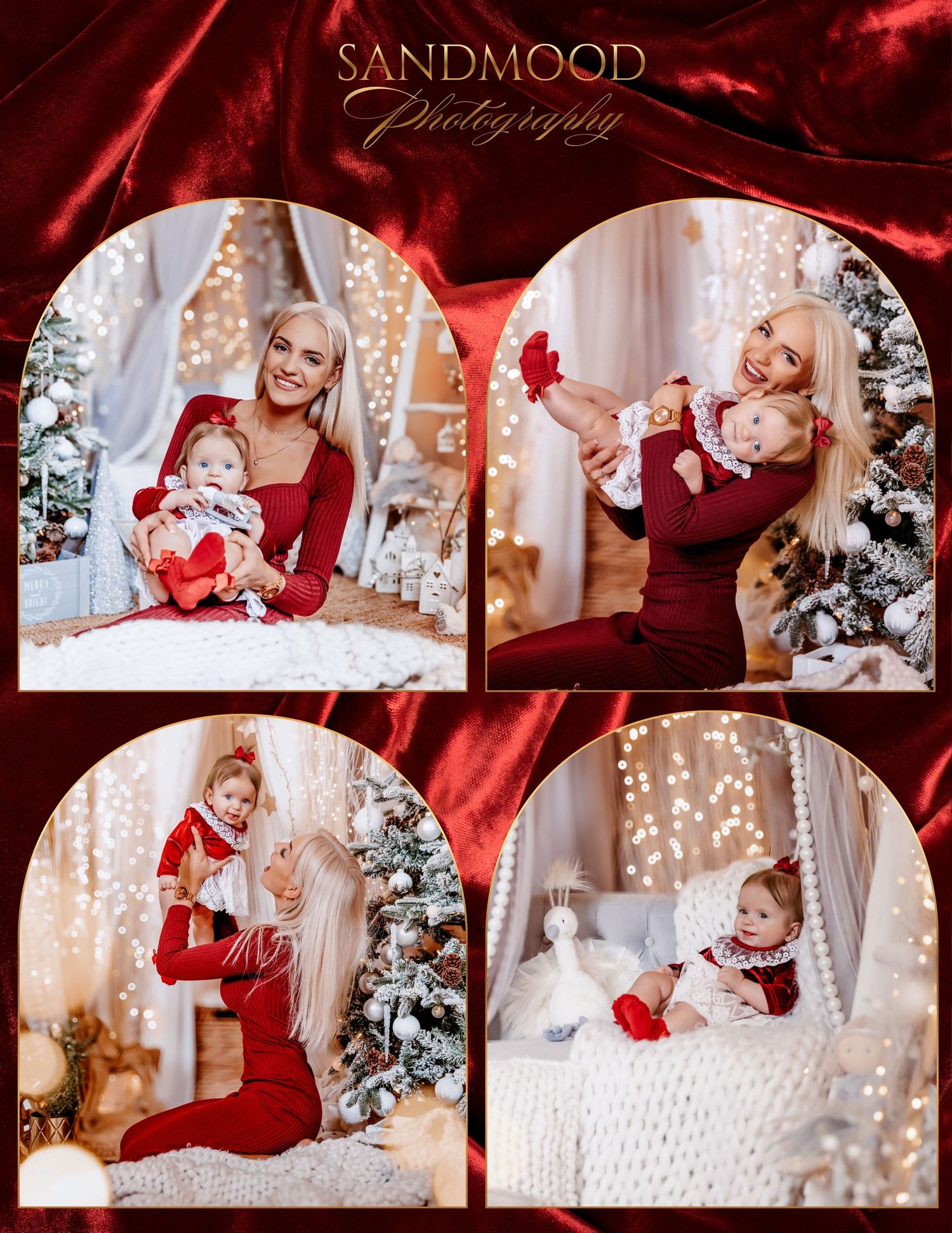 Christmas family photo collage with a blonde mother and baby in red outfits posing by decorated trees and twinkling lights on red satin.