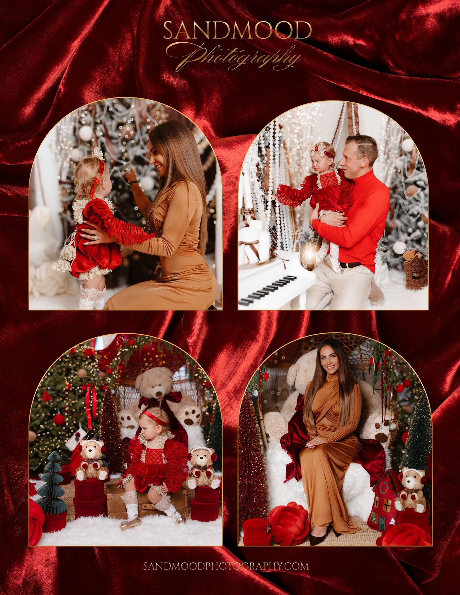 Sandmood Photography Christmas mini session collage featuring a mother and daughter, a father with child, and a toddler with teddy bears.