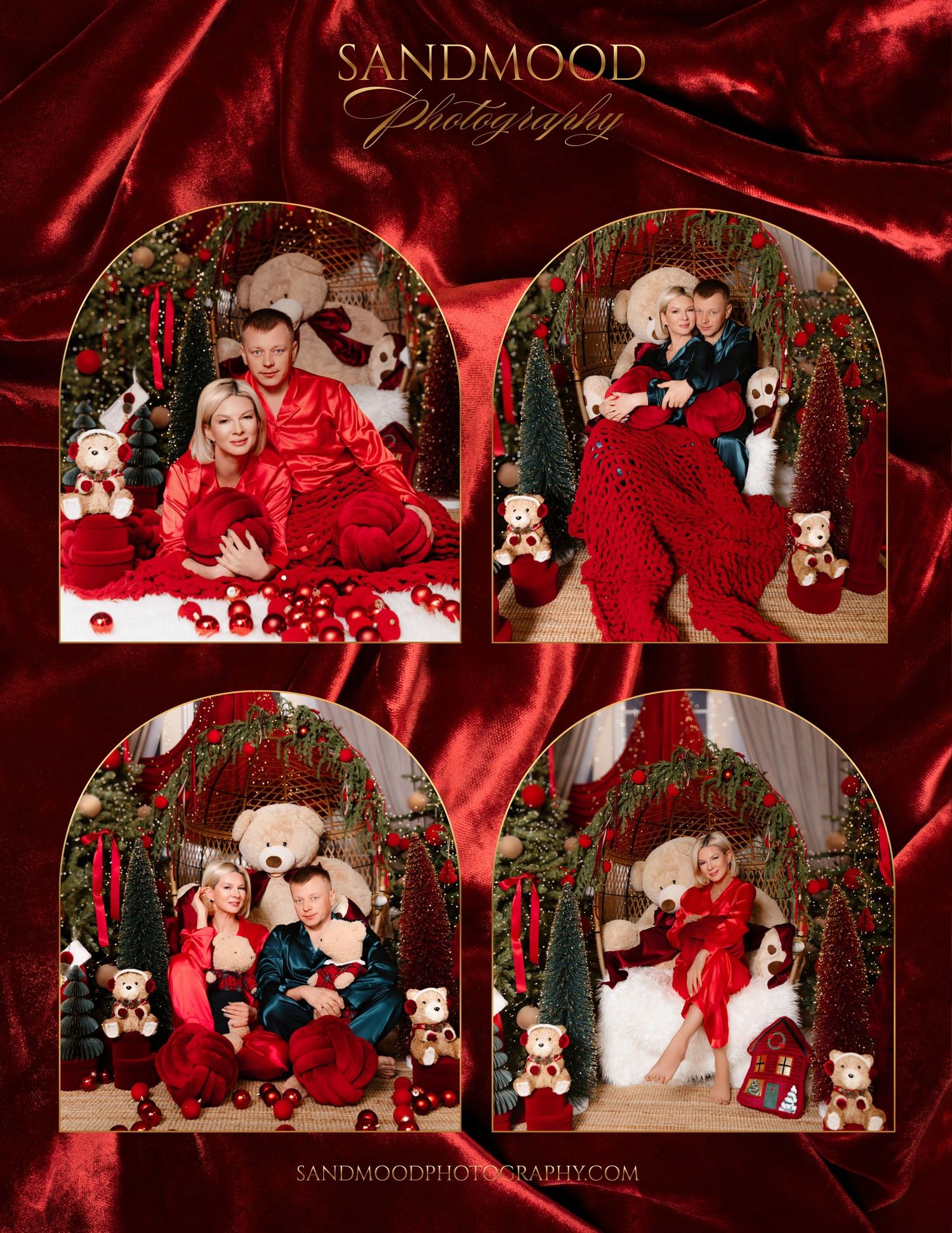 Sandmood Photography Christmas collage of four arched studio scenes with couples in red outfits, teddy bears, and trees on red velvet.