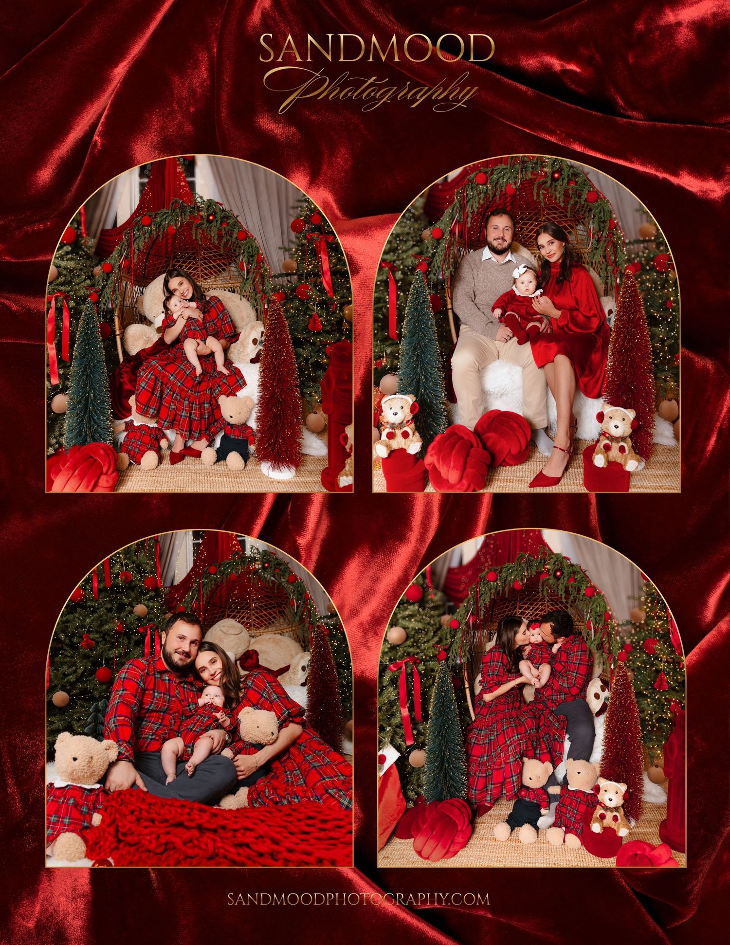 Sandmood Photography Christmas family photo collage of parents and a baby in red plaid pajamas with teddy bears, trees and red velvet.