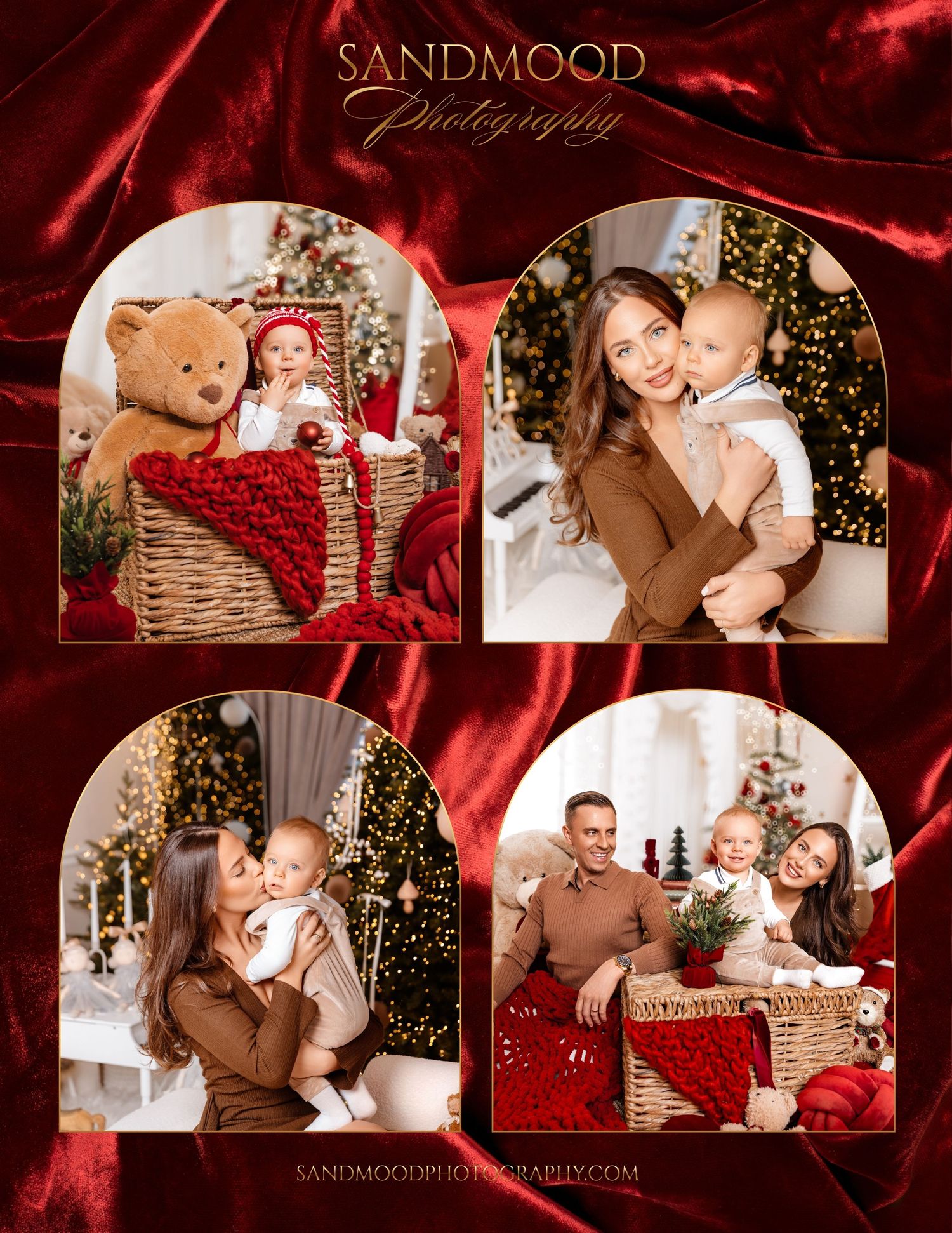 Sandmood Photography Christmas family photo collage with a baby, a mother and a father posing with a teddy bear, trees and red decor.