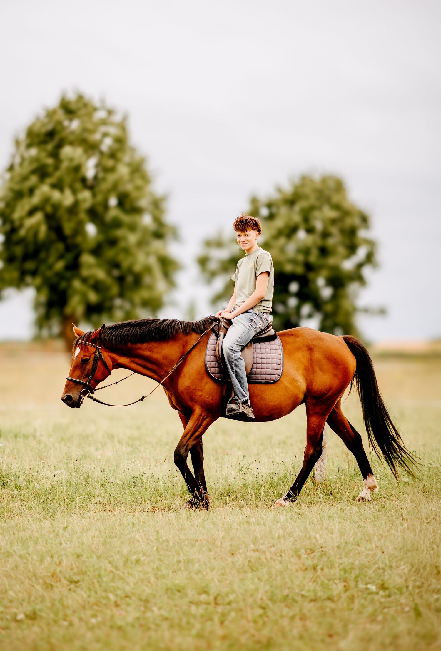 A young boy rides a chestnut brown horse across a green field with trees in the background.