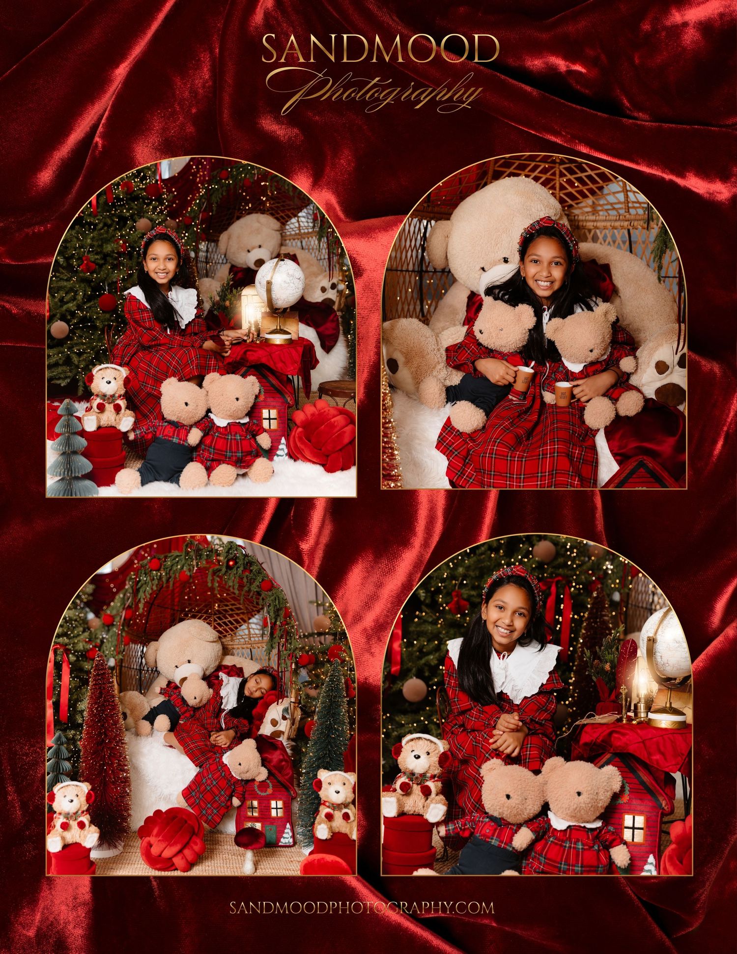 Sandmood Photography Christmas mini session collage of a girl in red plaid with teddy bears, a decorated tree and festive red decor.