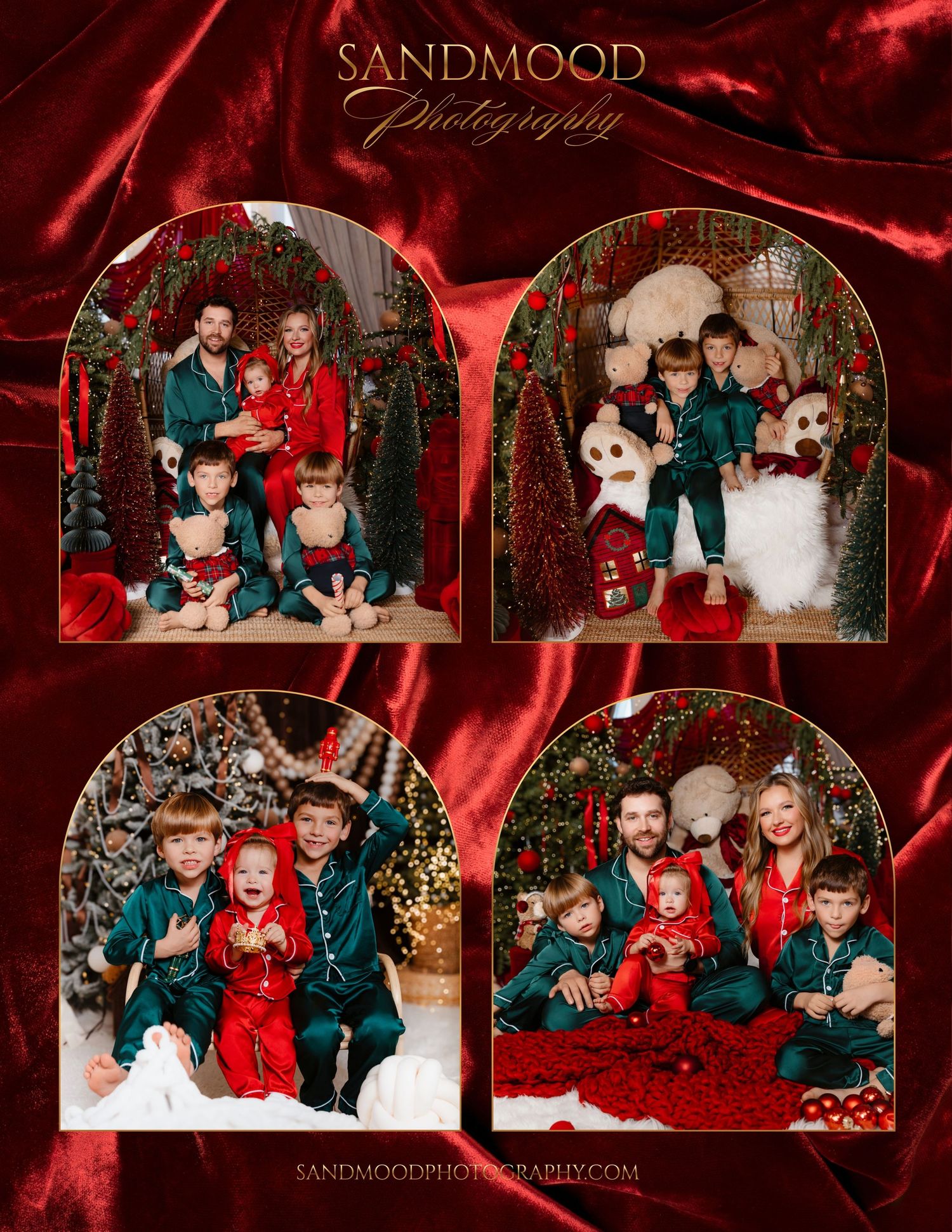Sandmood Photography Christmas mini session collage of a family in green and red pajamas posing with teddy bears, trees, and holiday decor.