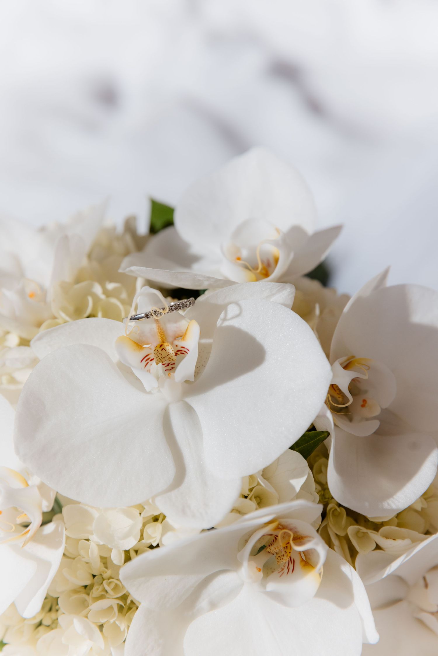 Elegant white orchid and hydrangea bridal bouquet with wedding rings on marble surface.