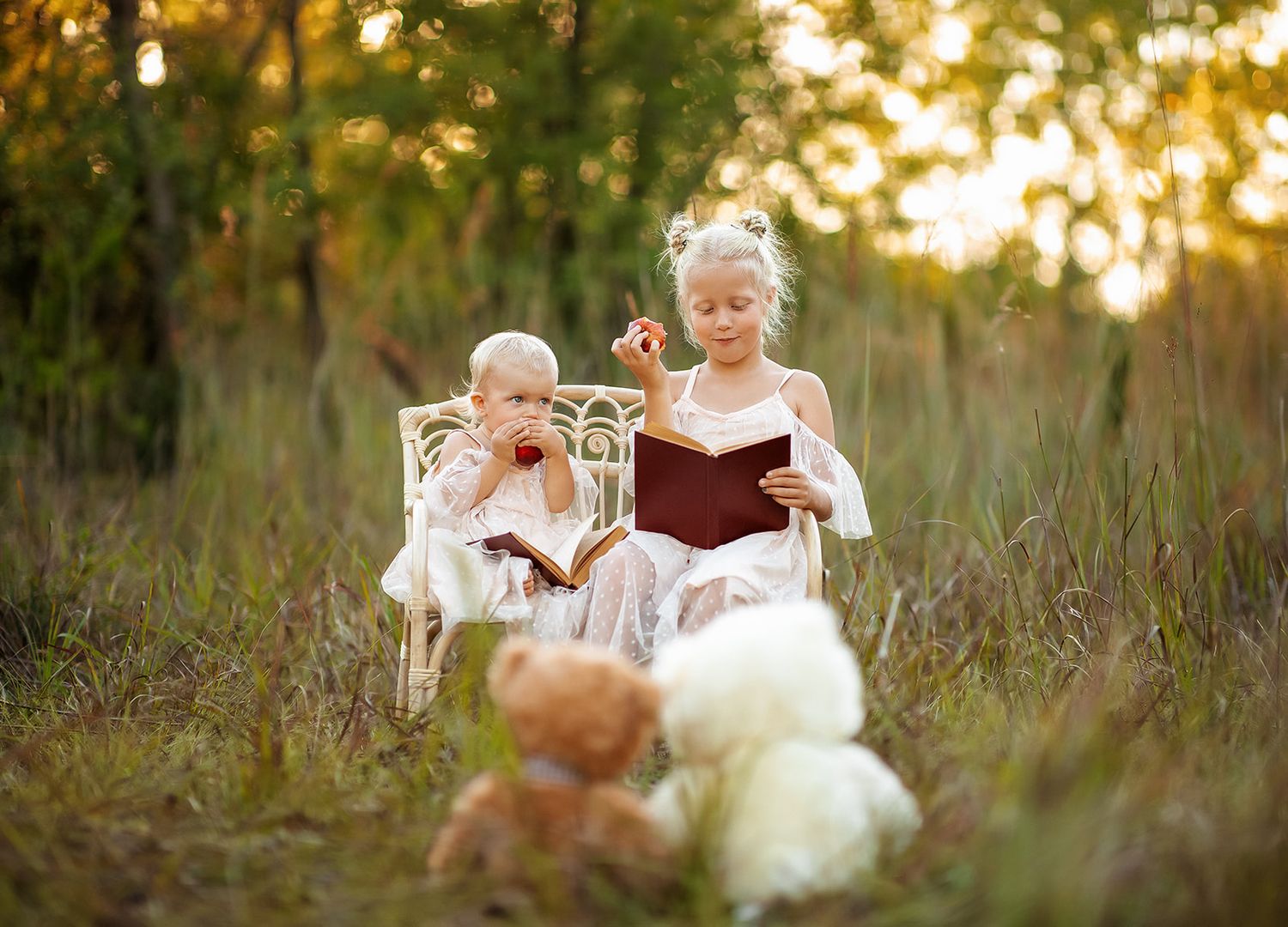 Two young girls in white dresses reading a book outdoors with teddy bears in a golden sunlit meadow.
