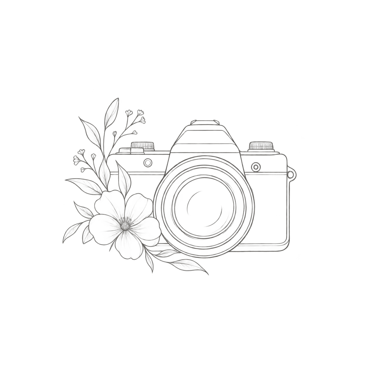 Line art illustration of a vintage camera decorated with flowers and leaves.