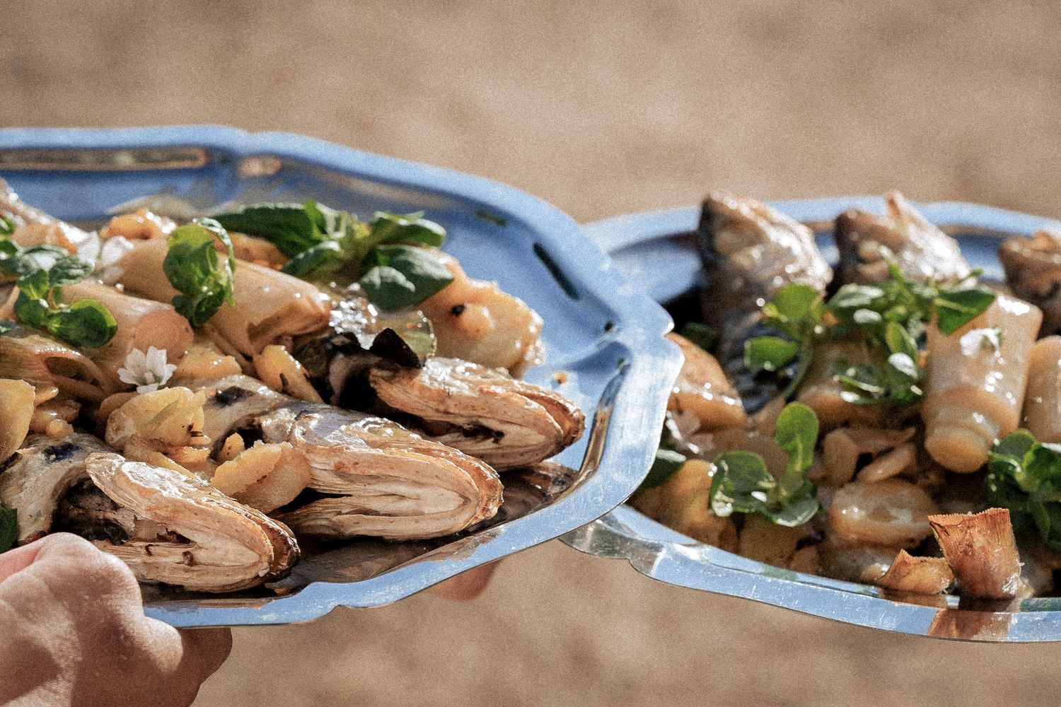 Two blue ceramic plates filled with mussels, mushrooms, and fresh herbs being served at a restaurant.