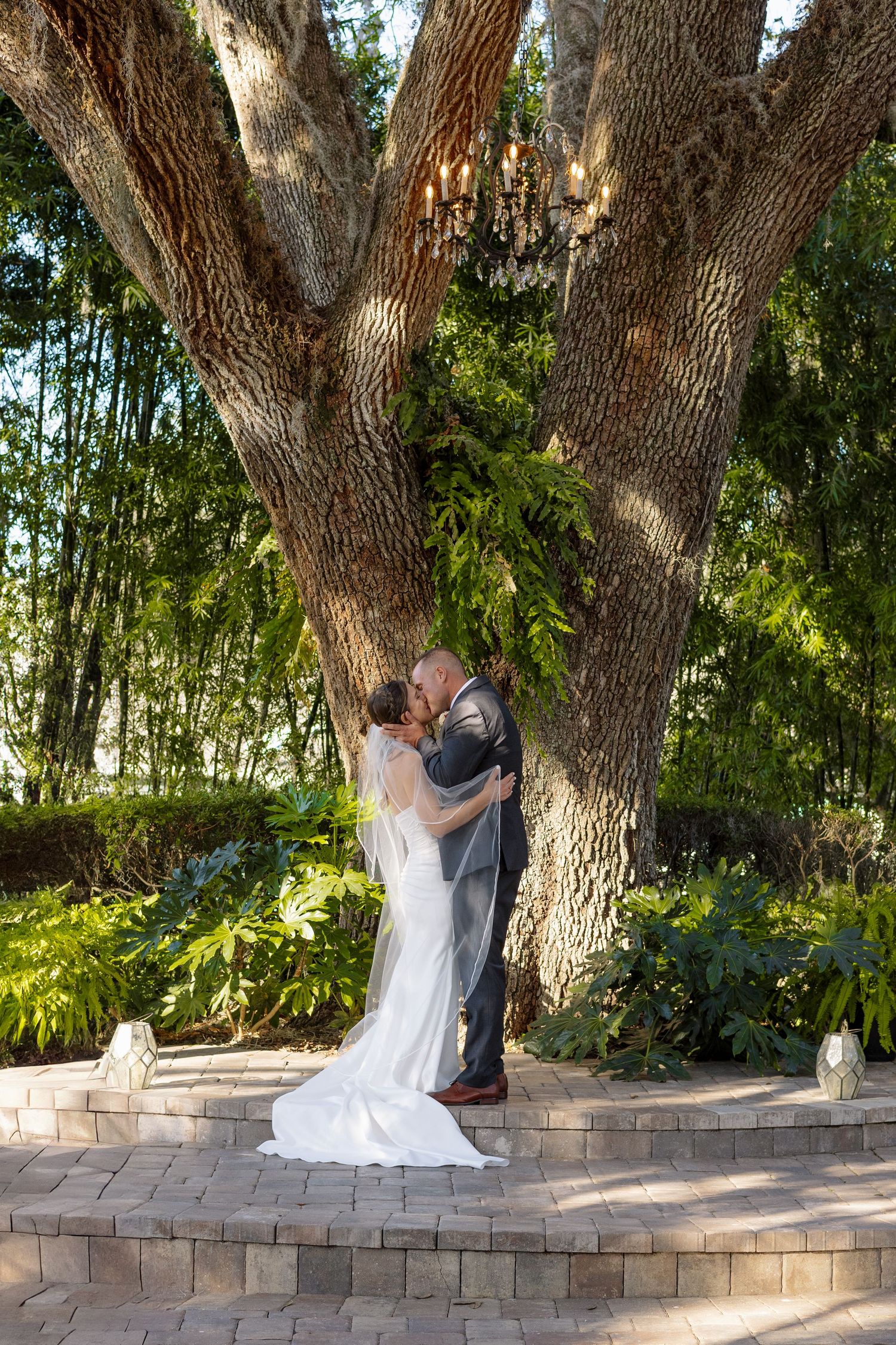 Bride and groom sharing a kiss under a grand oak tree with a chandelier at a garden wedding venue.
