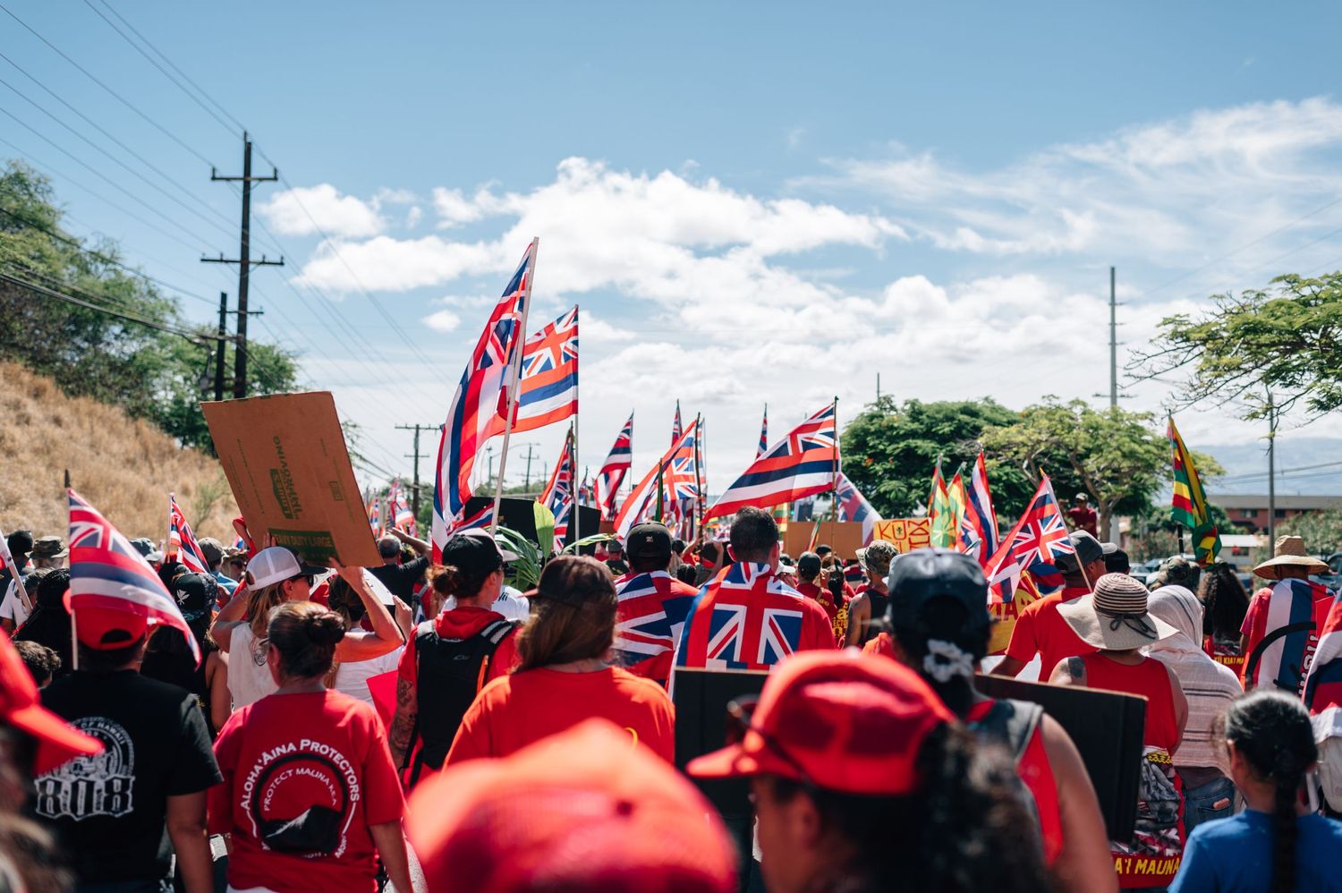 Large crowd waves Hawaiian flags during a street protest against TMT telescope construction.