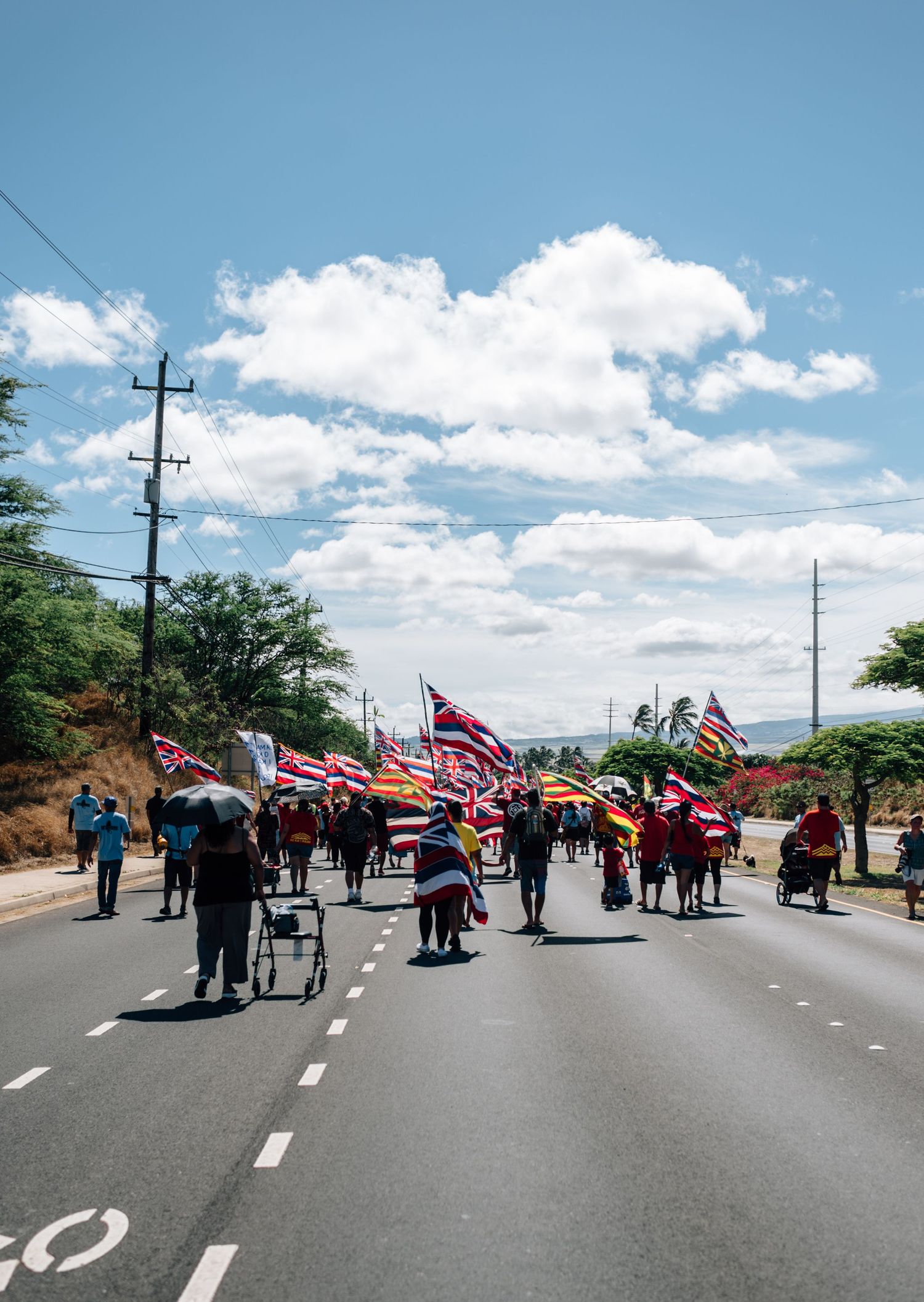 Large crowd of protesters with flags gather on a wide road under bright blue skies.