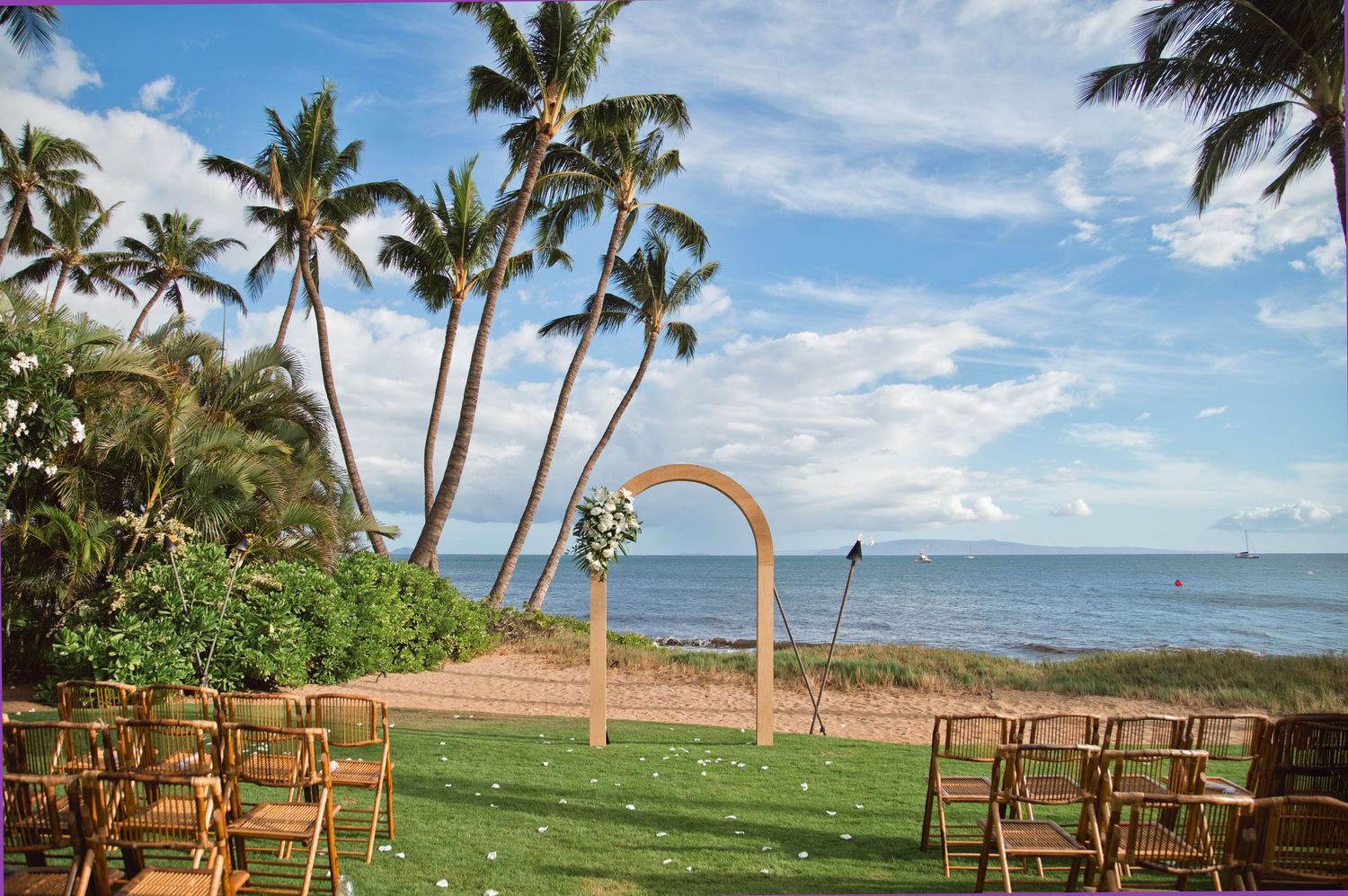 Tropical beach wedding setup with wooden arch, chairs on green lawn, palm trees, and ocean view under blue sky.