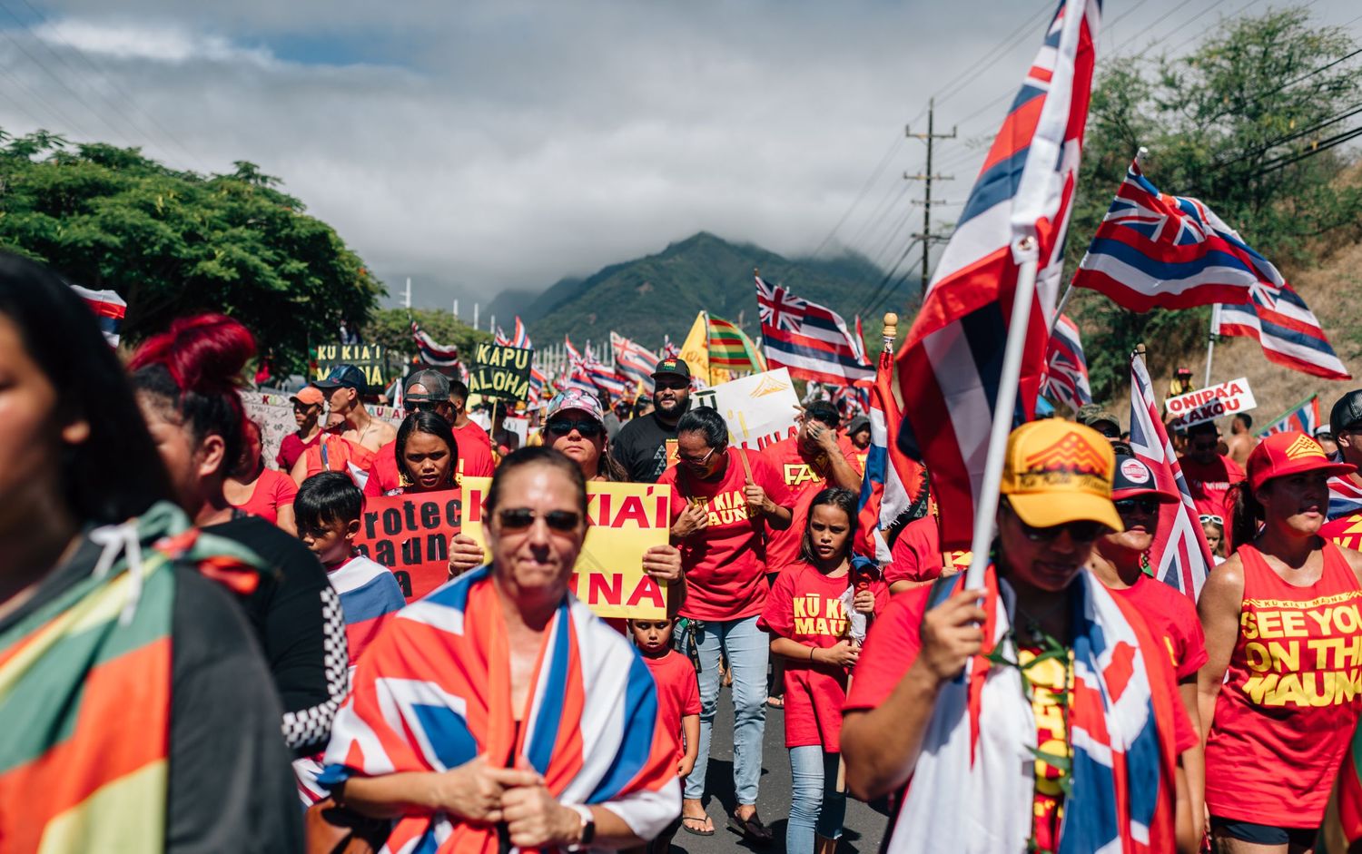 Protesters carrying Hawaiian state flags march together during a demonstration against development.