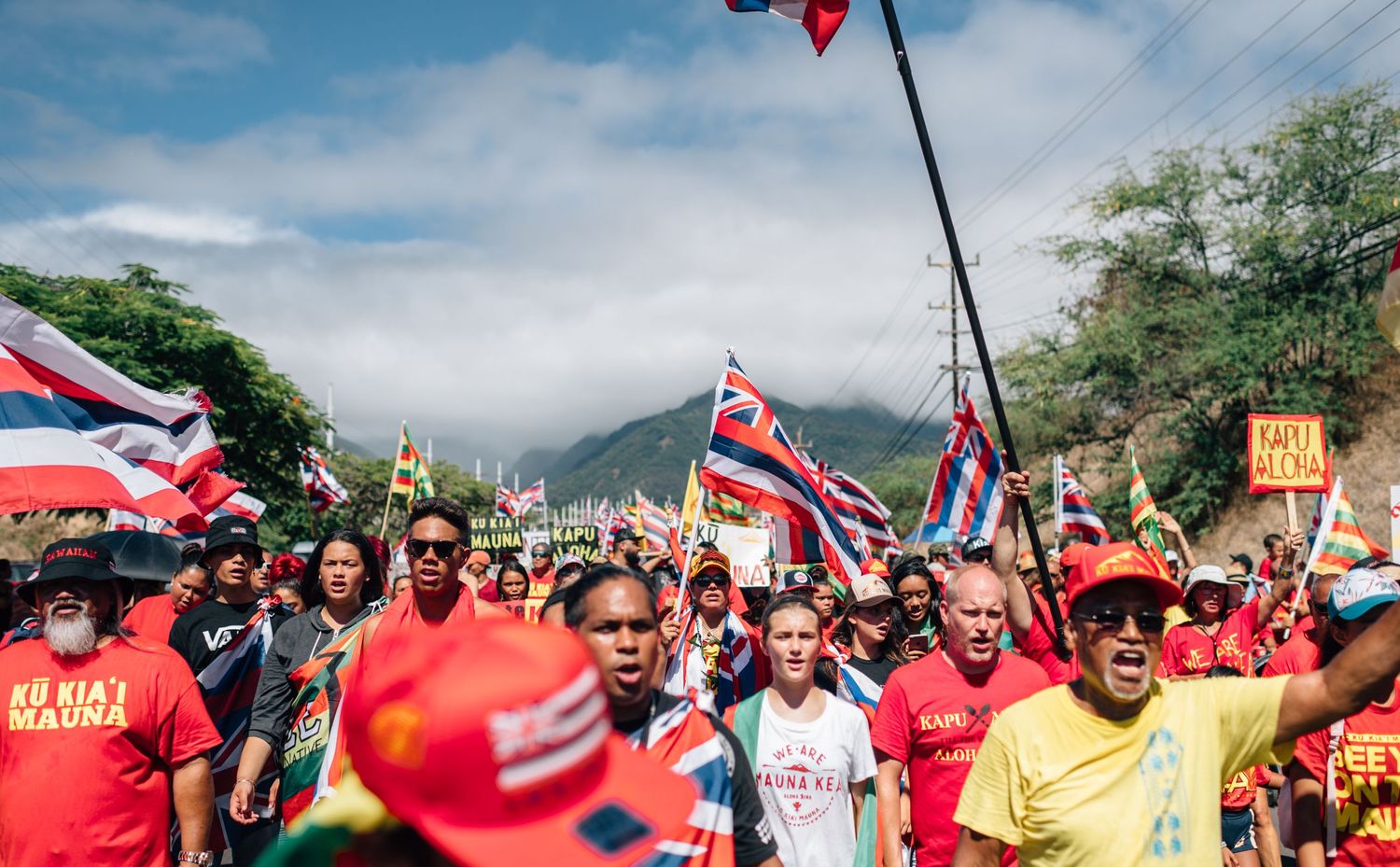 Demonstrators gather under blue skies holding red and Hawaiian flags during peaceful protest.