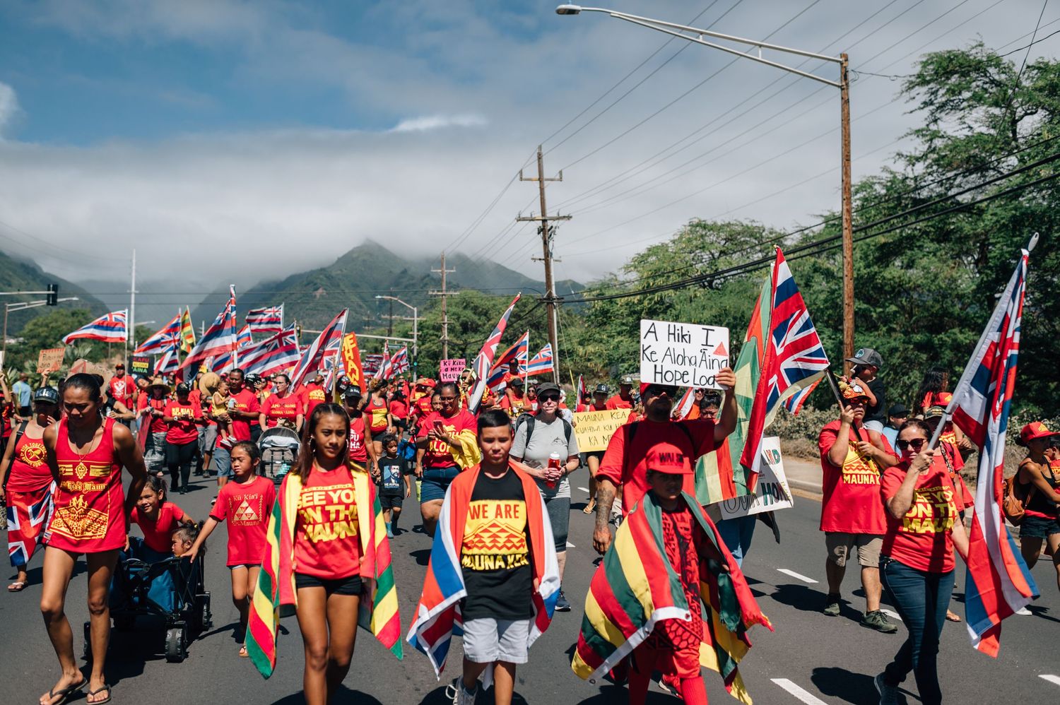 Large group of demonstrators march along road with Hawaiian flags and protest signs.