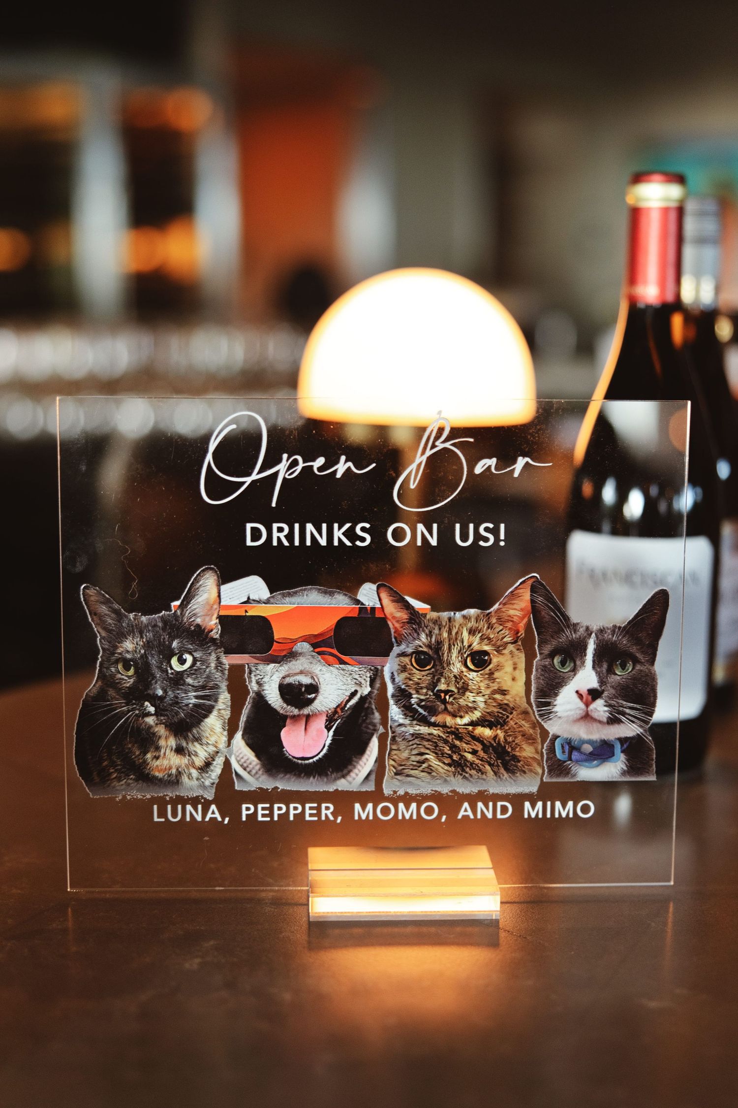 Acrylic open bar sign featuring cats Luna, Pepper, Momo, and Mimo, displayed on a wooden stand at a wedding reception.