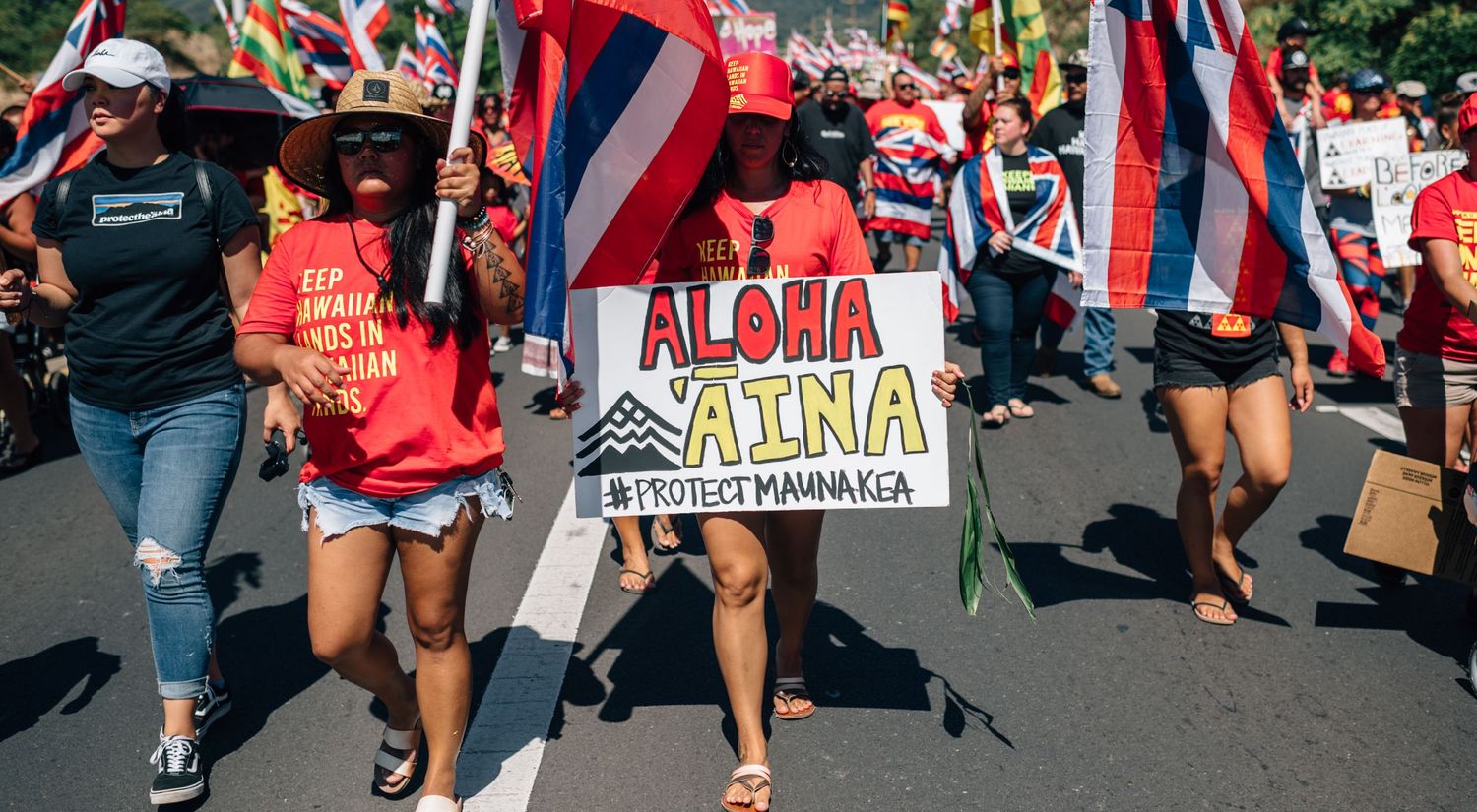 Street filled with protesters carrying signs and flags during Hawaiian rights demonstration.